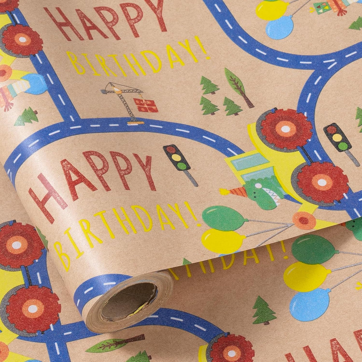 30" X 32.8' Dinosaur Birthday Wrapping Paper Large Kraft Paper Roll, Jumbo Roll, Coloful Dinosaur, Construction Vehicle And Happy Birthday Text Kraft Gift Wrap For Kids Boys Party, 82 Sq. Ft