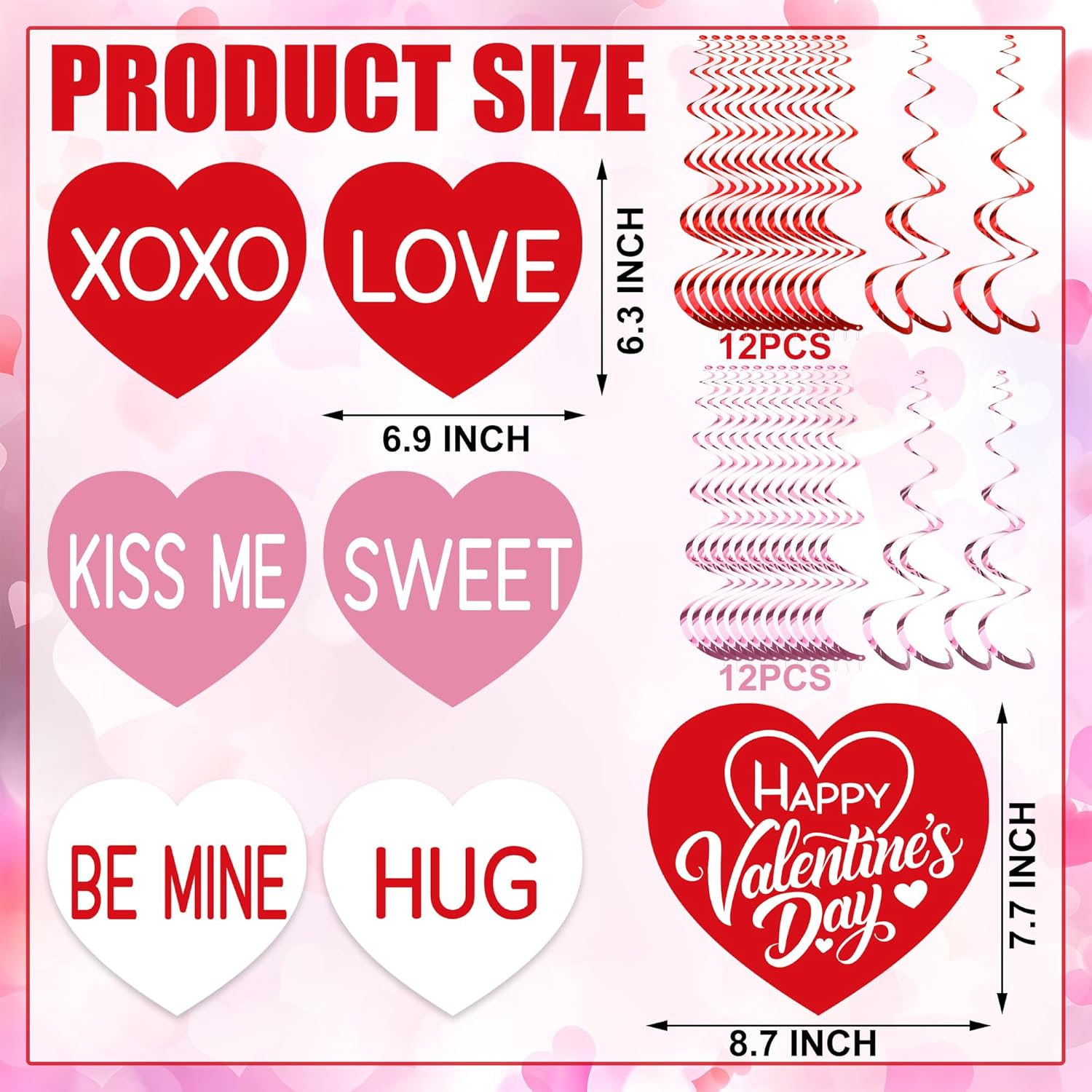 30 Pcs Hearts Hanging Swirls Decoration Pre-Strung Valentines Day Hanging Decorations Conversation Hearts Ceiling Streamers For Valentines Day Party Home Decor