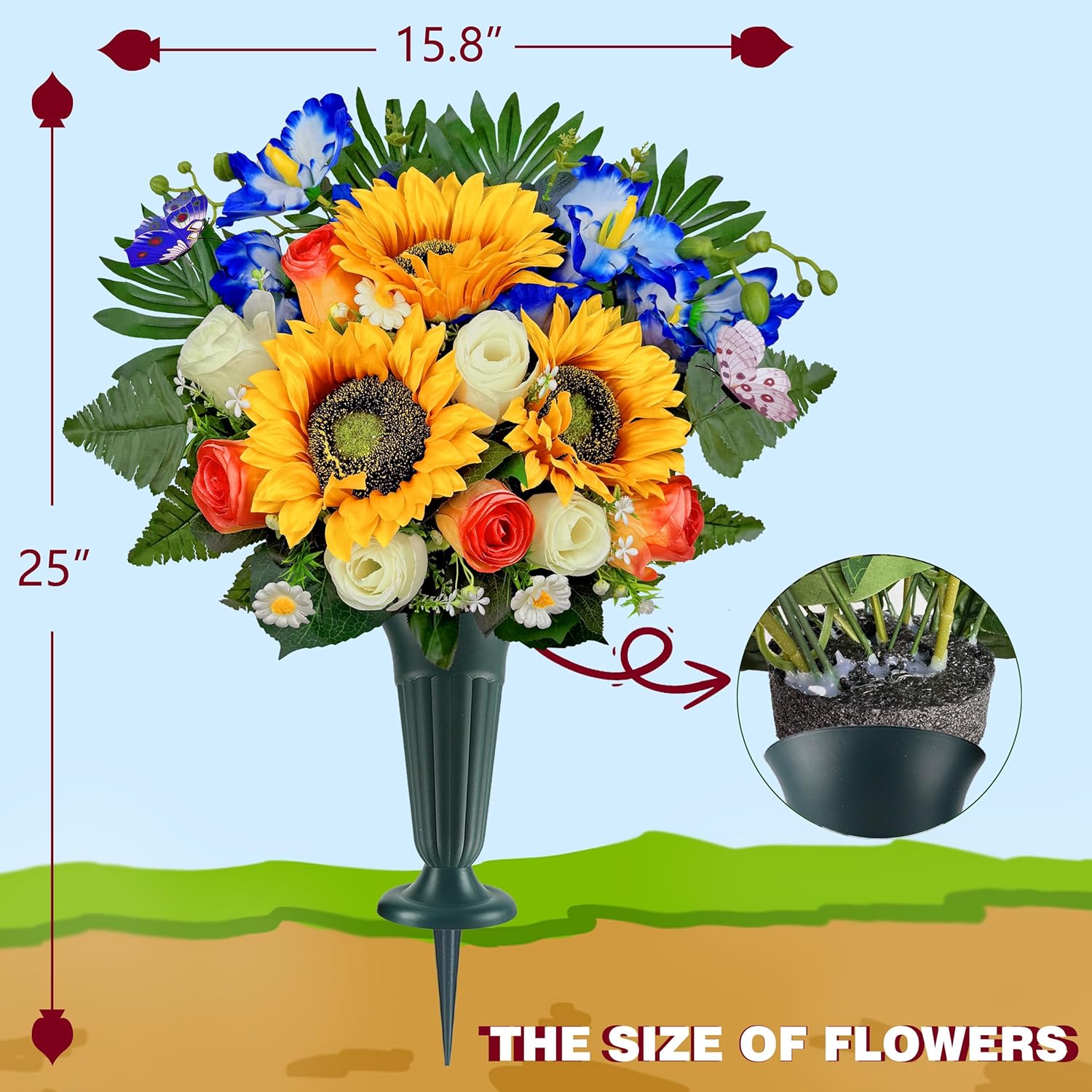 Artificial Cemetery Flowers For Grave Decorations: Sunflower, Rose, Cattleya Bouquet With Vase – Ideal For Sympathy & Memorial Tributes