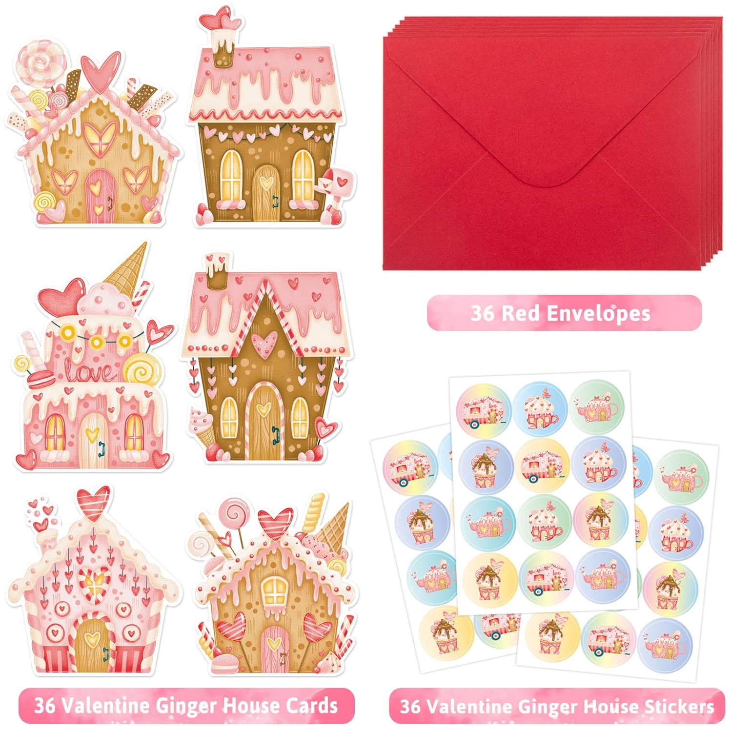 36Pcs Valentines Day Cards Gingerbread House Greeting Cards For Her Him With Red Envelopes And Stickers For Valentine'S Day