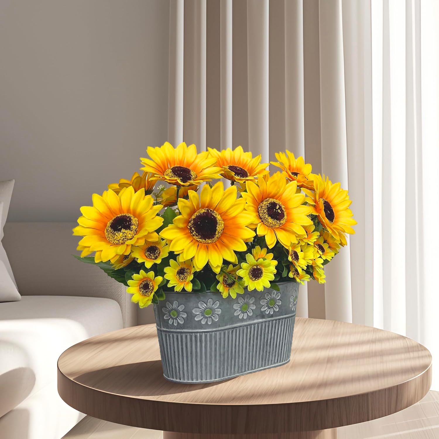 Artificial Sunflower Arrangement In Metal Basket – Realistic Faux Sunflower Plant With Eucalyptus Leaves And Mini Flowers, Artificial Flowers Table Centerpiece Décor, 11" Tall