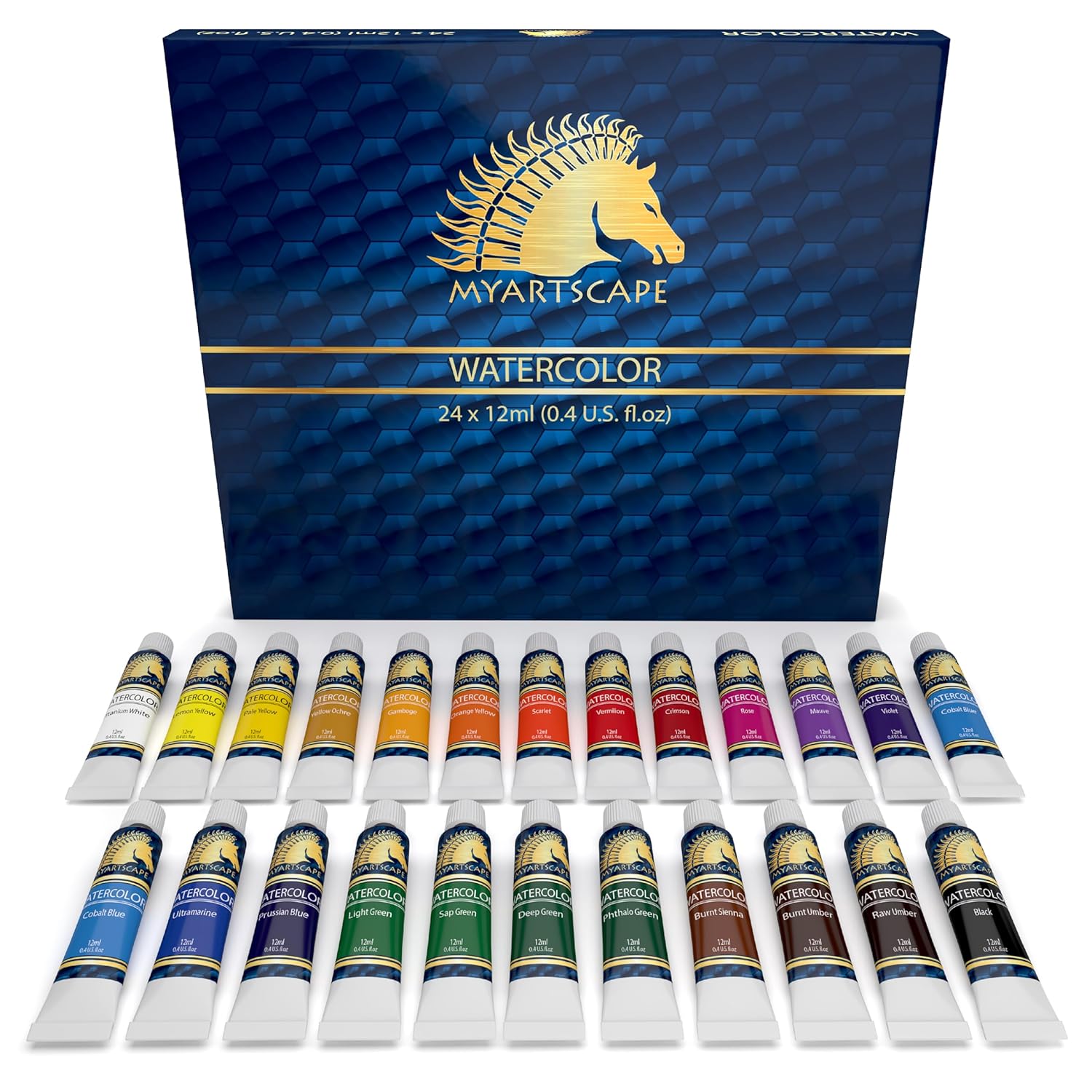 Watercolor Paint Set - 24 X 12Ml Tubes - Lightfast - Vibrant Colors - Excellent Transparency - Kit For Vivid Watercolors Painting - Professional Artist Paint Supplies