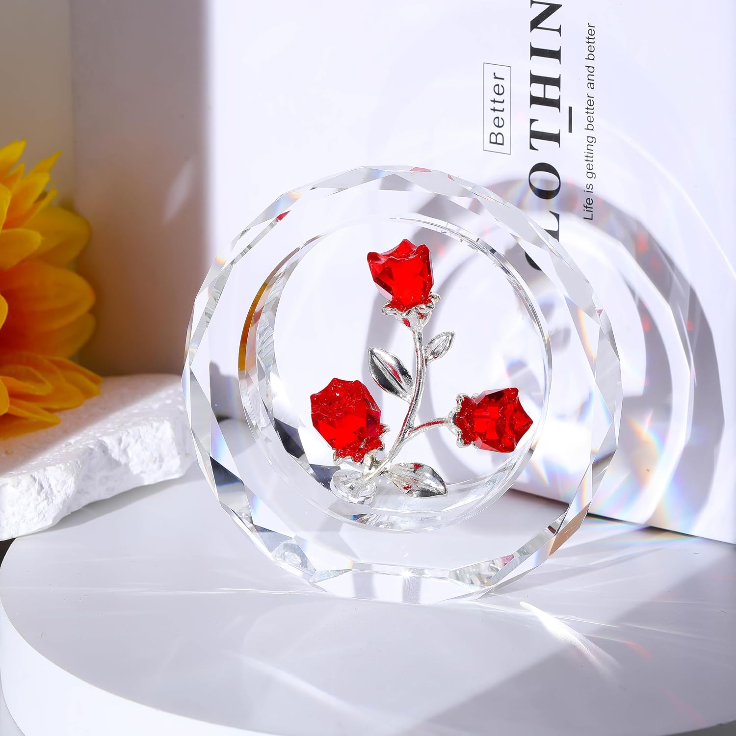 Red Rose Flower Crystal Figurine With Vase - Bouquet Flowers Ornament Gifts For Wife Girlfriend Women - Handmade Crystal Flower Collectible Home Table Decor ?For Valentine'S Day Wedding Anniversary