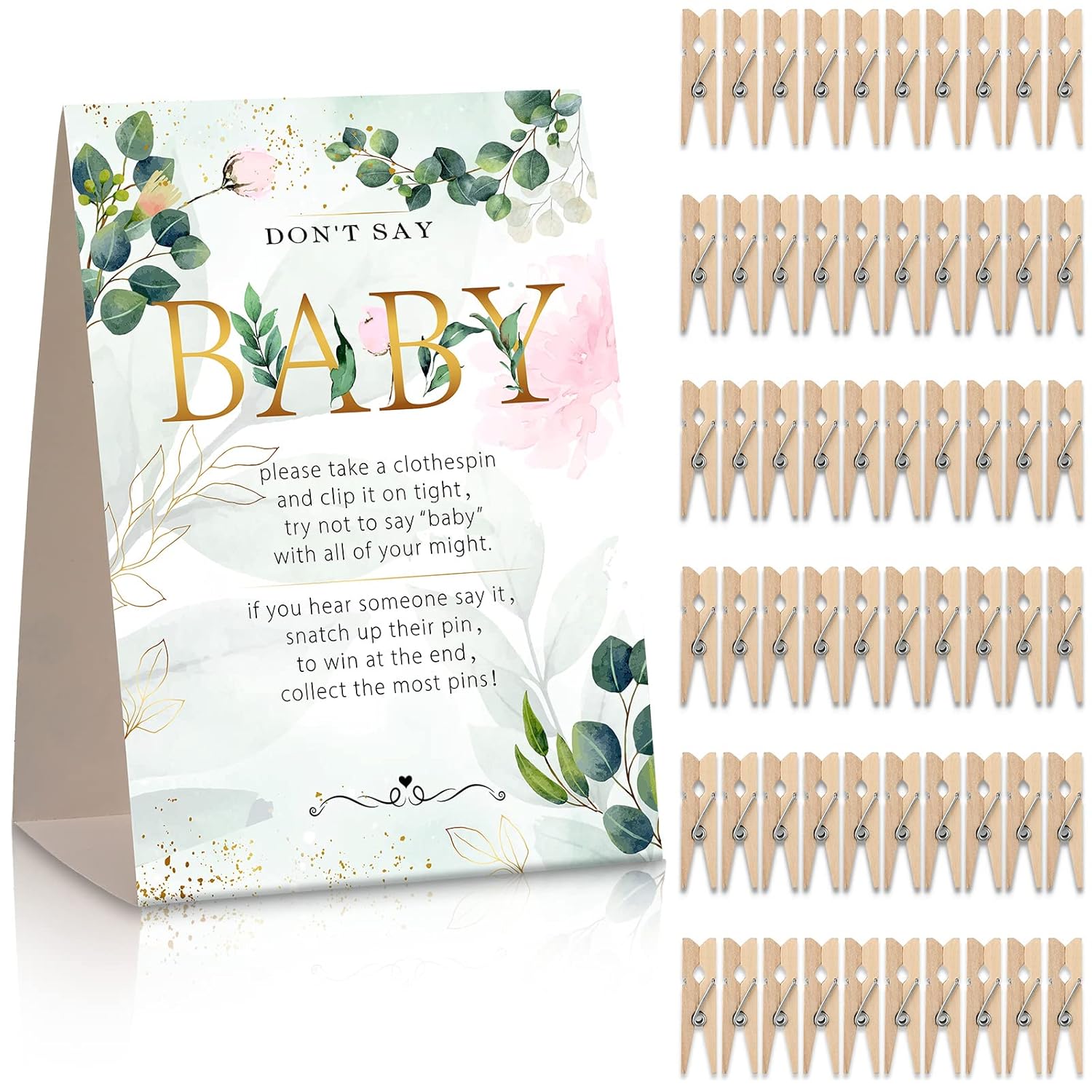 61 Pieces Don'T Say Baby Sign 5 X 7 Inch Baby Shower Games And 60 Mini Clothespins Shower Games For Guests Prizes With Pins For Gender Reveal Favors Party Decorations(Greenery Style)