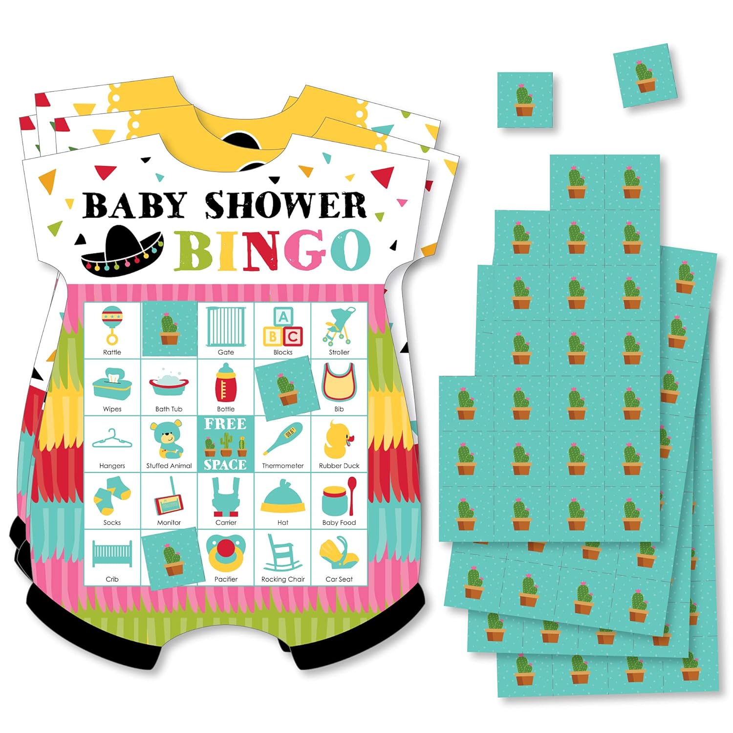 Big Dot of Happiness Let’s Fiesta - Picture Bingo Cards and Markers - Baby Shower Shaped Bingo Game - Set of 18