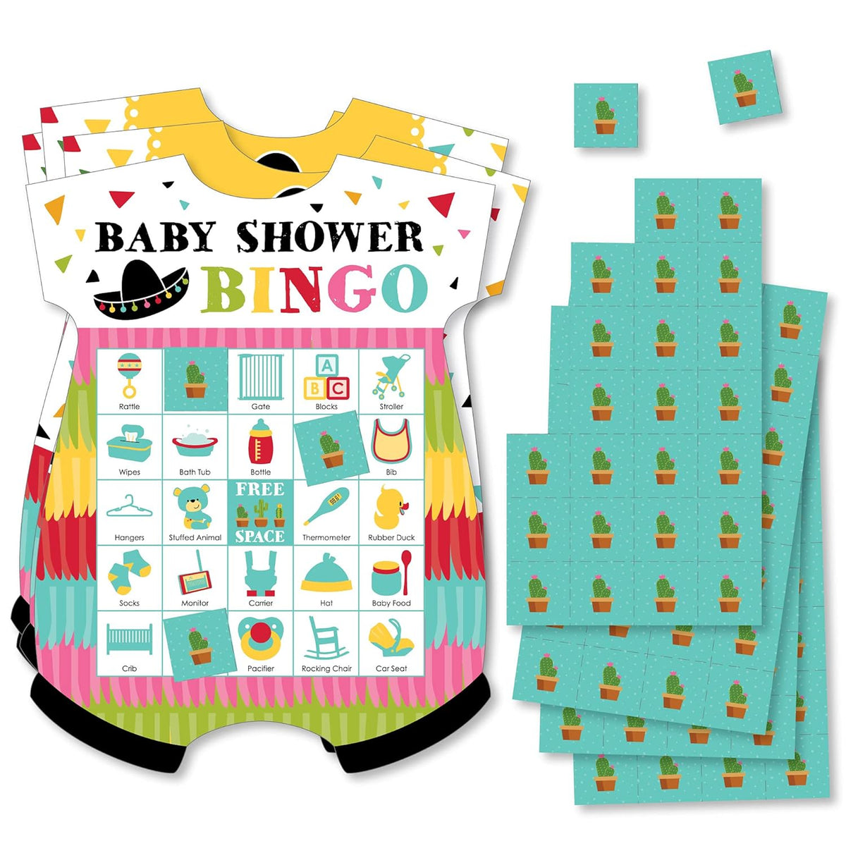 Big Dot of Happiness Let’s Fiesta - Picture Bingo Cards and Markers - Baby Shower Shaped Bingo Game - Set of 18