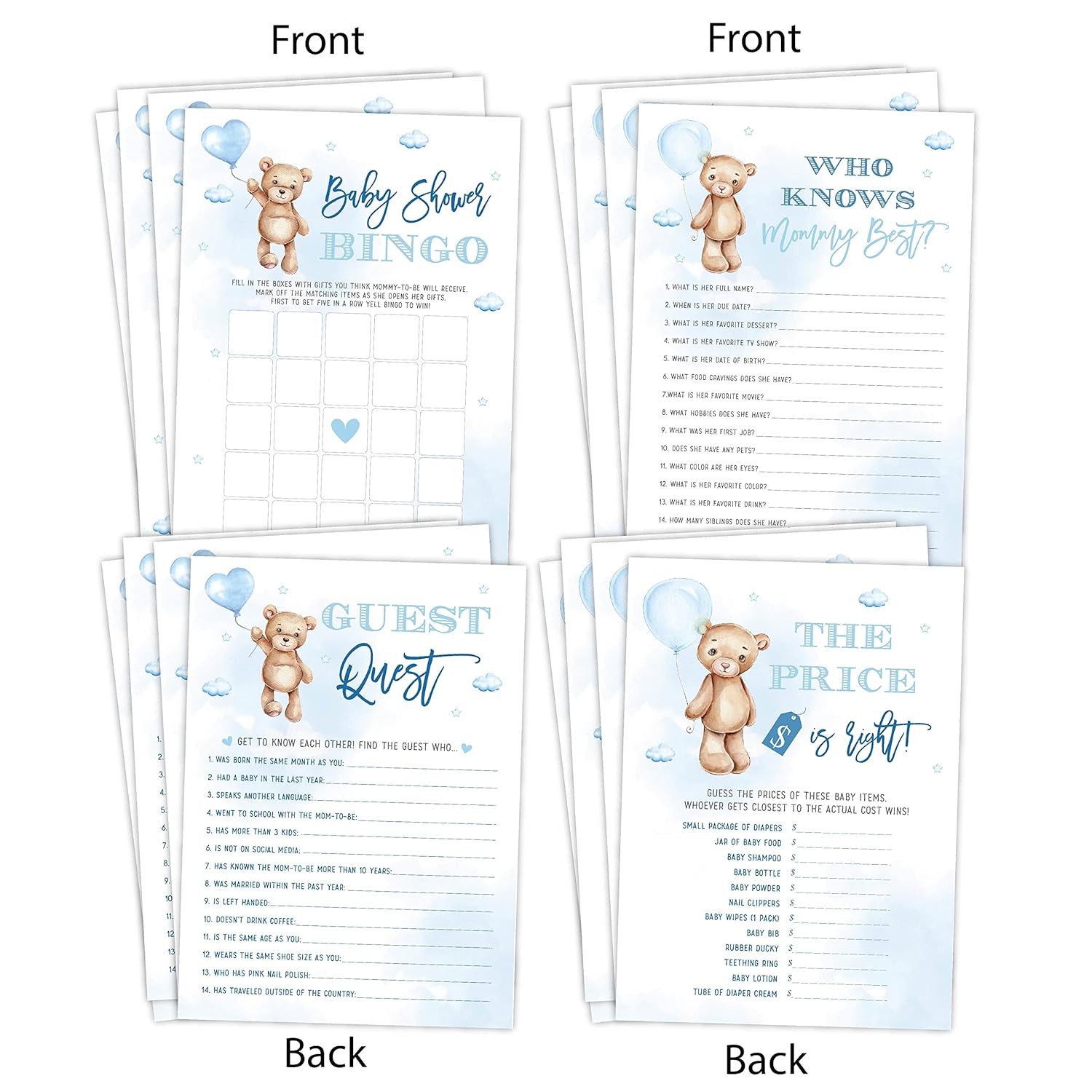 Boy Baby Shower Games, Can Bearly Wait Blue Sky Bingo, Find The Guest, The Price Is Right, Who Knows Mommy Best, 25 Games Each
