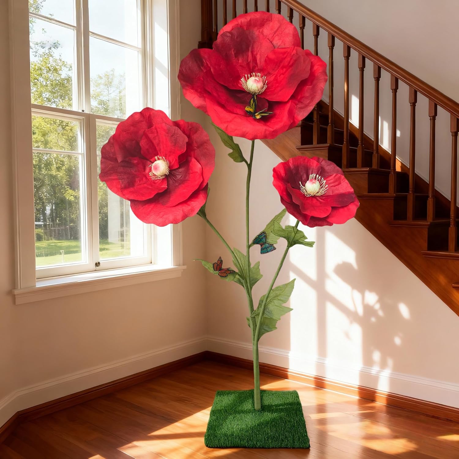 Giant Artificial Red Poppy Flowers - 6.5 Ft Giant Paper Flowers For Decoration With Stand,Large Standing Huge Fake Flower Outdoor Decor For Front Porch Garden Hotel Office Photography Props Wedding