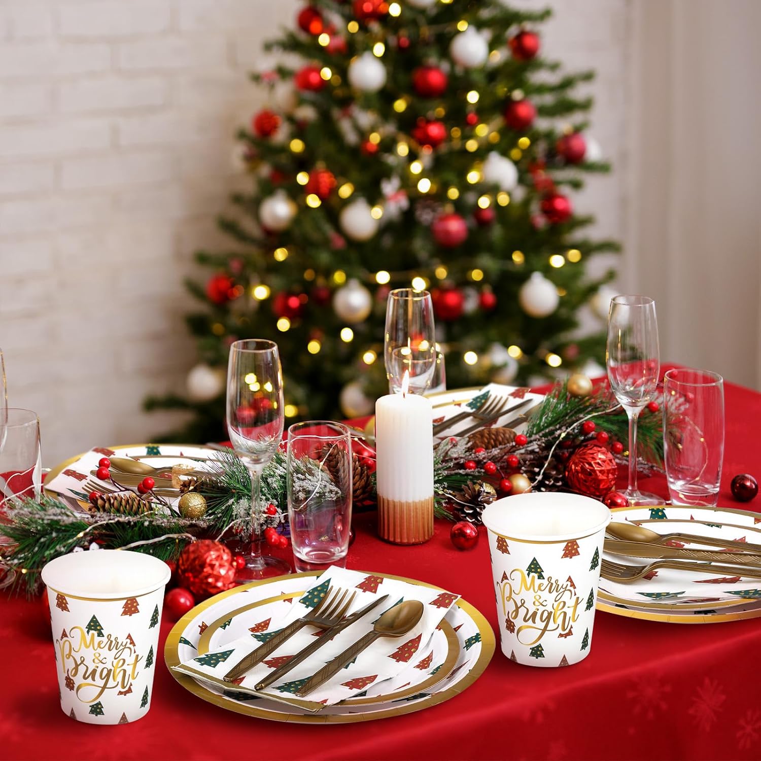 202 Pcs Christmas Party Supplies Merry Bright Banner Xmas Tree Print Paper Plates Napkins Cups Straws Knives Forks Disposable Christmas Dinnerware Set Serves 25 Guests Xmas Holiday Decorations