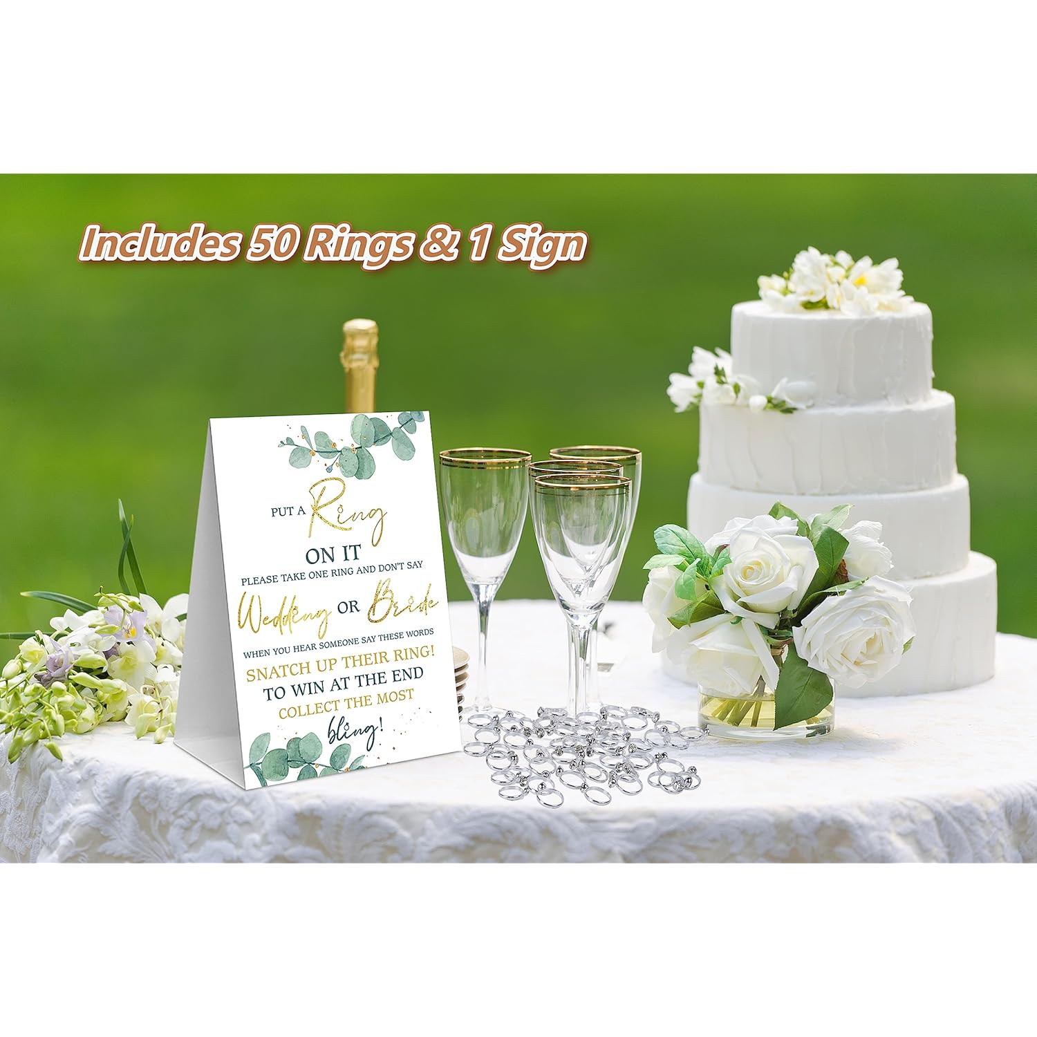 Eucalyptus Bridal Shower Theme Decorations,Put A Ring On It Game,Don'T Say Bride Games,Bridal Shower Games,Wedding Shower,Engagement Party Games(1 Sign And 50 Plastic Diamond Rings)-1