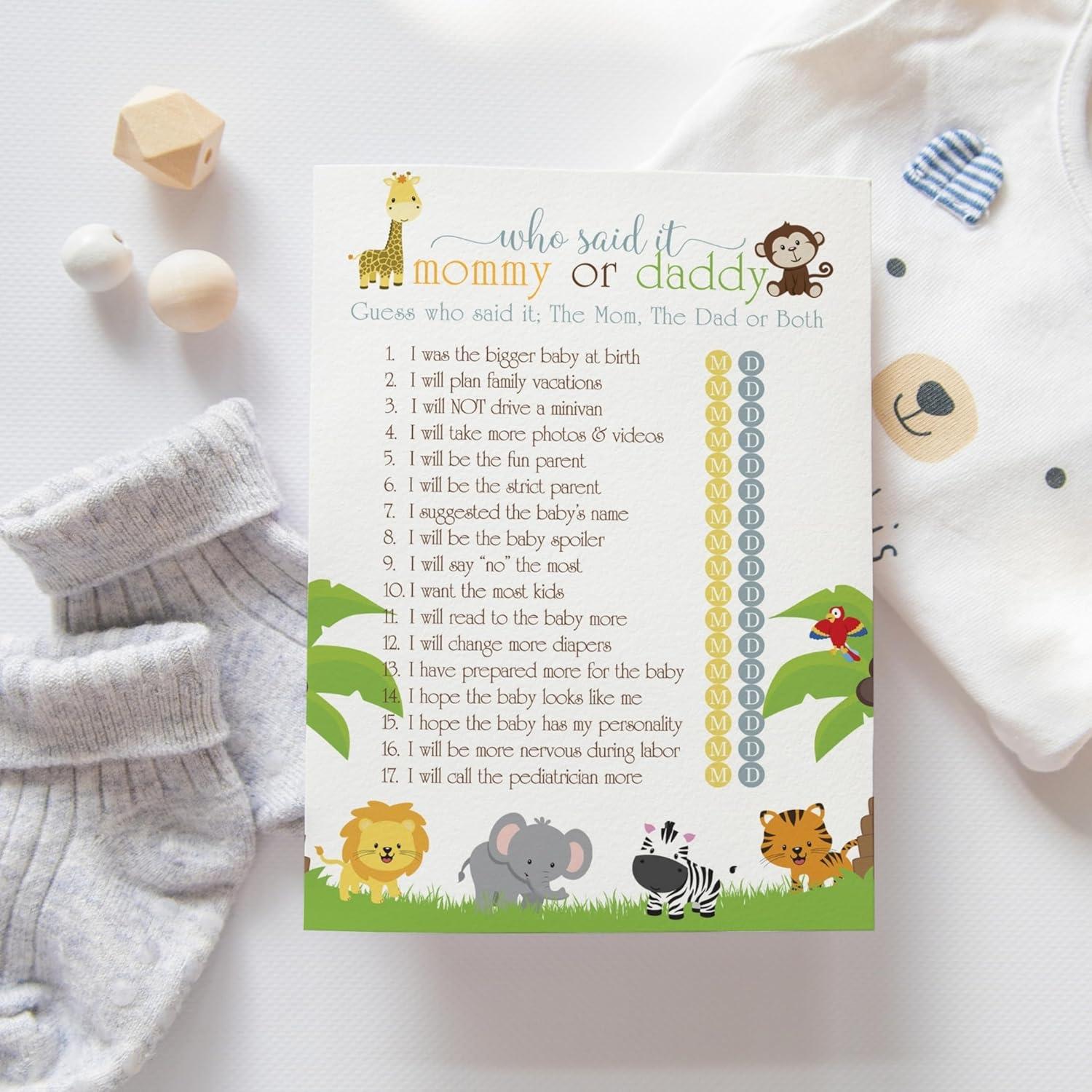 Cute Jungle Baby Shower Games - 25 Guess Who Mommy Or Daddy Game Cards - Fun Gender Reveal Guessing Activities For Guests - Safari Theme For Boy Or Girl