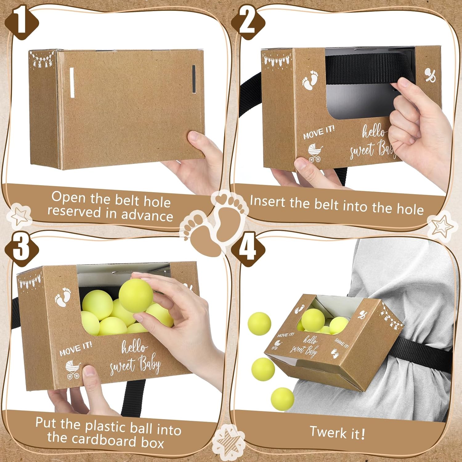 4 Sets Brown Kraft Paper Baby Shower Swing Shaking Balls Activity Set For Adult Novelty Twerk Includes 40 Balls, Ribbon & Cardboard Boxes Bridal Shower For Outdoors Indoors