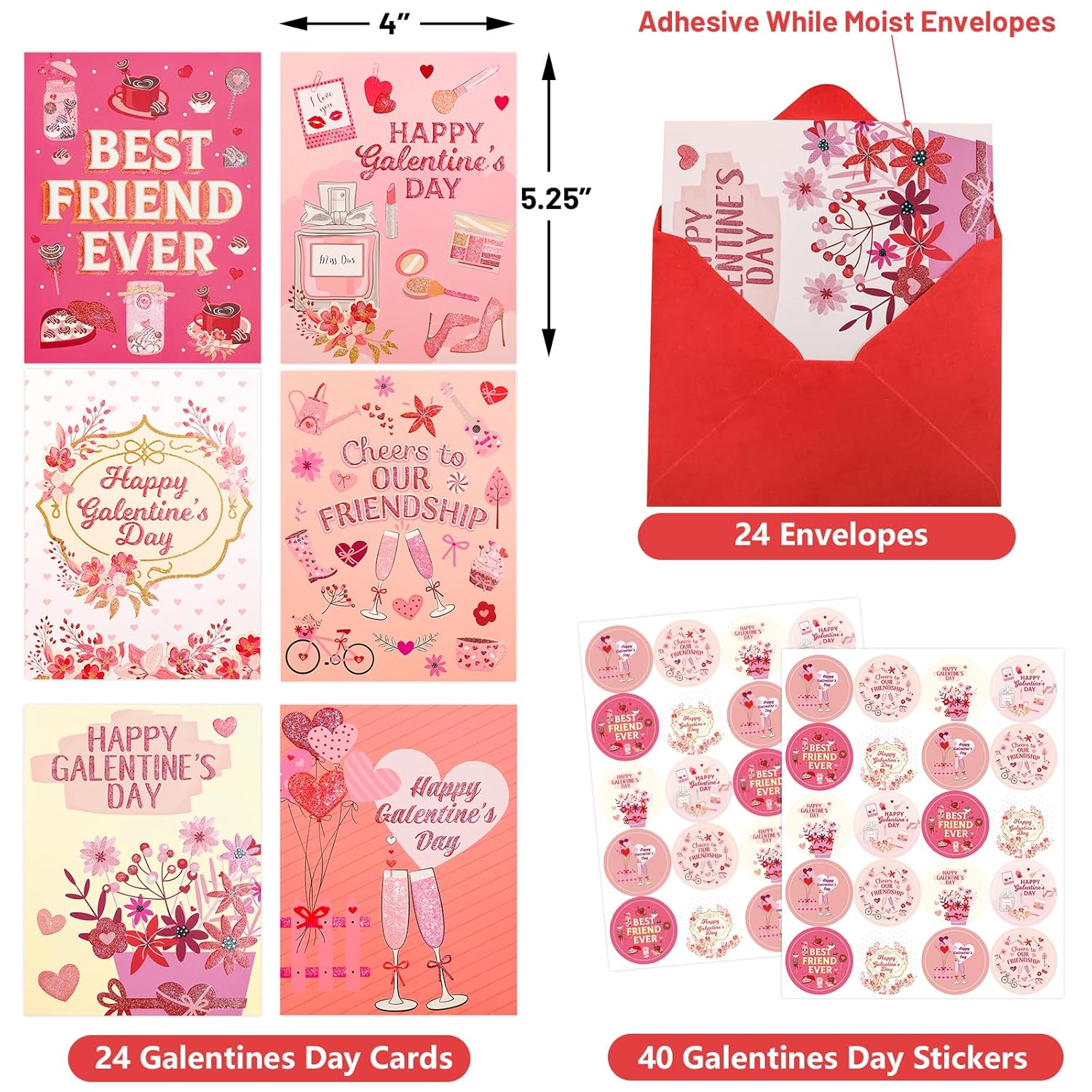 Valentines Day Greeting Cards With Envelopes 24 Pack Glitter Galentines Day Cards Blank Inside