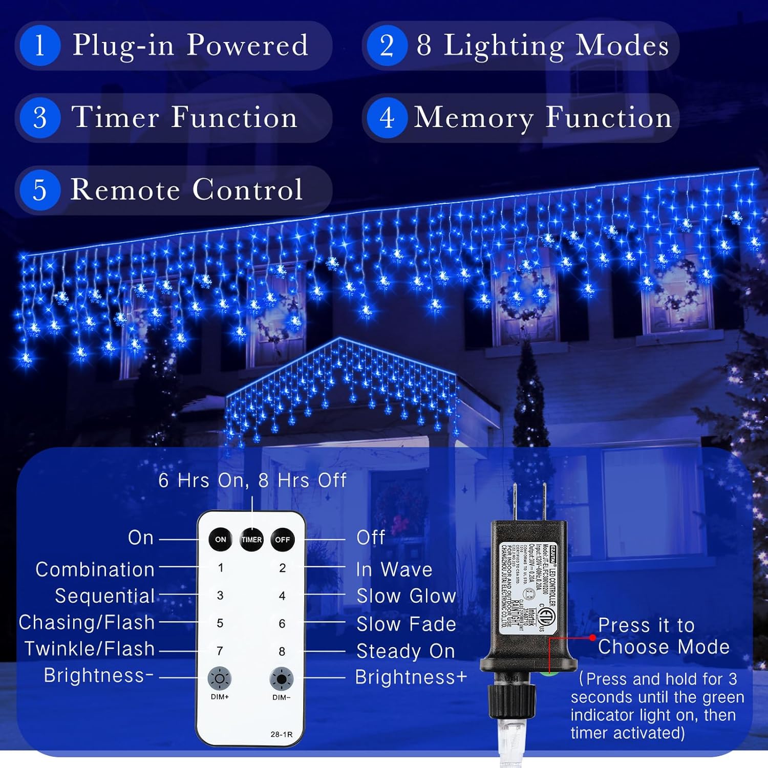 Christmas Snowflake Icicle Lights, 33 Ft Outdoor Snowflake Lights With Remote 8 Mode Waterproof 380 Leds 76 Drops For Cu