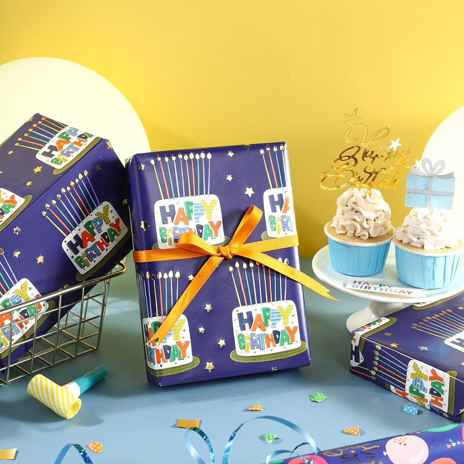 Blue Birthday Wrapping Paper Roll For Boys Men, Happy Birthday Lettering & Cake, Candle With Metallic Foil For Baby Shower Wrap, Mini Roll, 17 Inches X 16.4 Feet