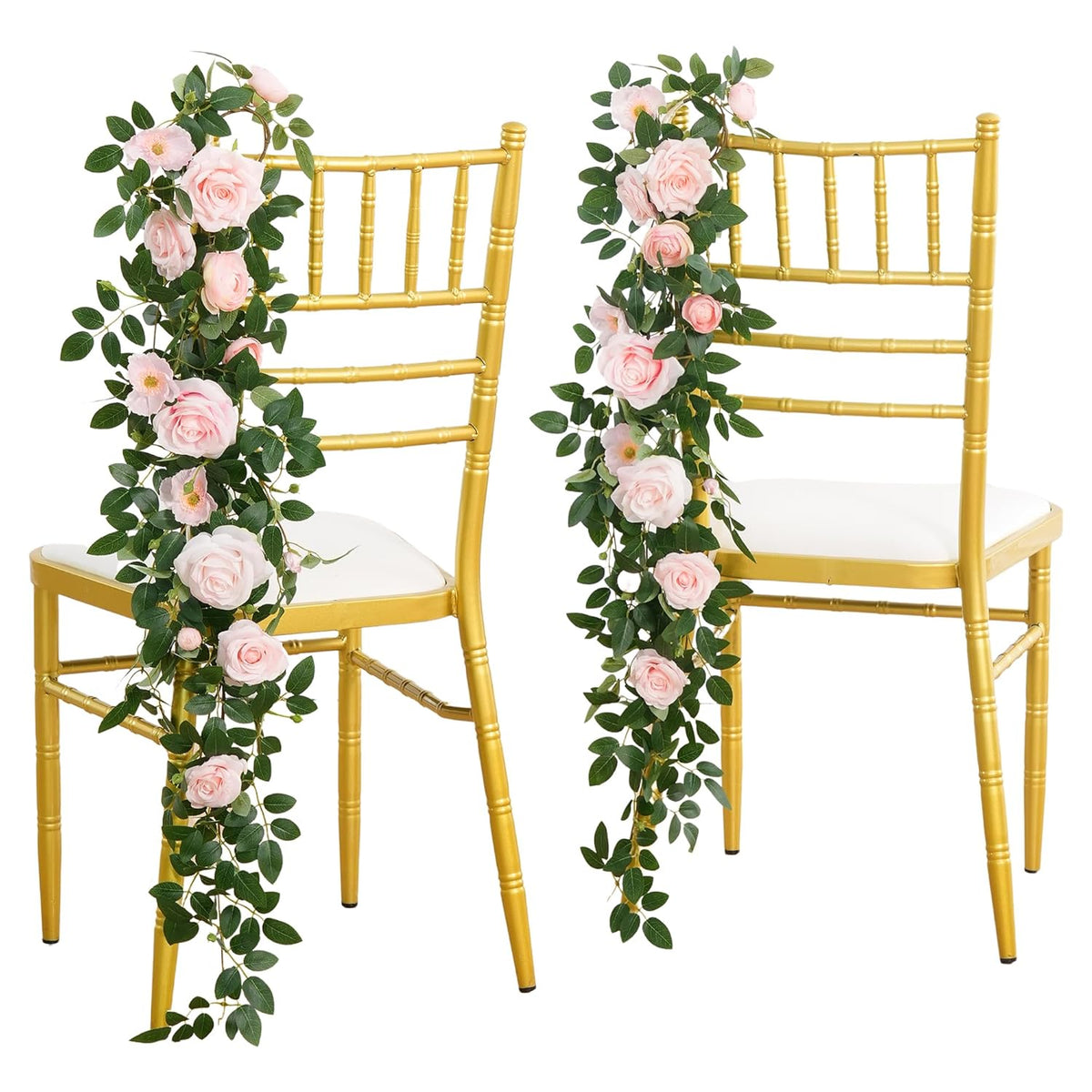 4Pcs Pink & Sage Green Hanging Flowers Garland Wedding Chair Decorations Aisle Pew Floral Swag Artificial Flowers For Ceremony Chair Back Floral Decor Reception Church Party