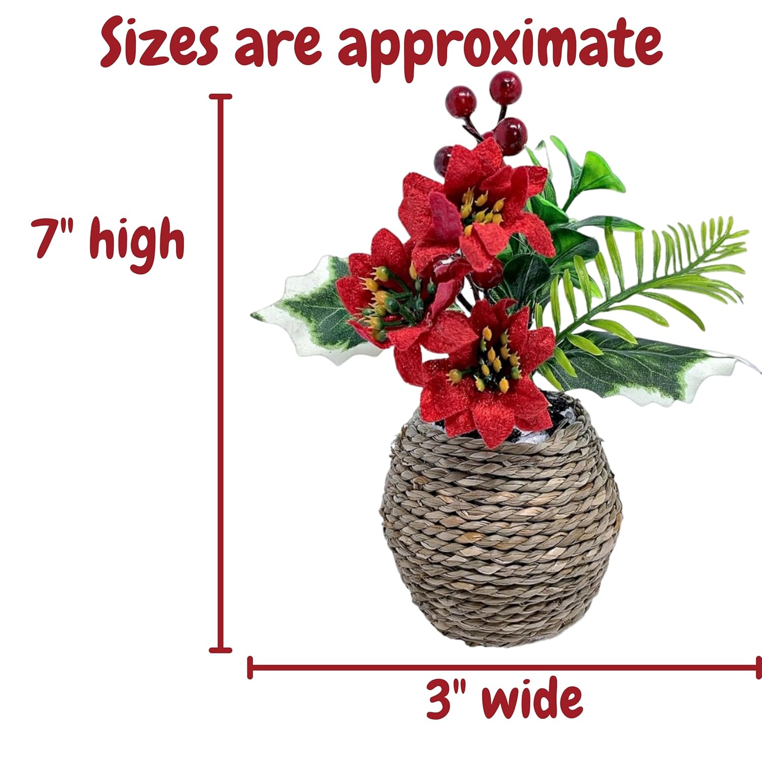 BANBERRY DESIGNS Poinsettia Christmas Decorations - Holly Berries Silk Flower Arrangements - Set of 4 - Red Christmas Flowers in Decorative Pots - Holiday Home Décor - 7" H
