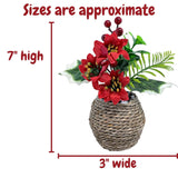 BANBERRY DESIGNS Poinsettia Christmas Decorations - Holly Berries Silk Flower Arrangements - Set of 4 - Red Christmas Flowers in Decorative Pots - Holiday Home Décor - 7" H