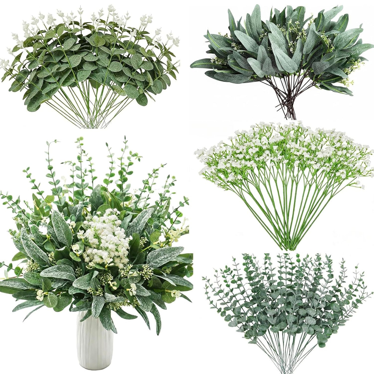 120 Pcs 4 Kinds Mixed Eucalyptus Greenery Stems,Artificial Babys Breath Flowers Bulk And Greenery Stems For Wedding, Diy Floral Arrangements And Home Decor