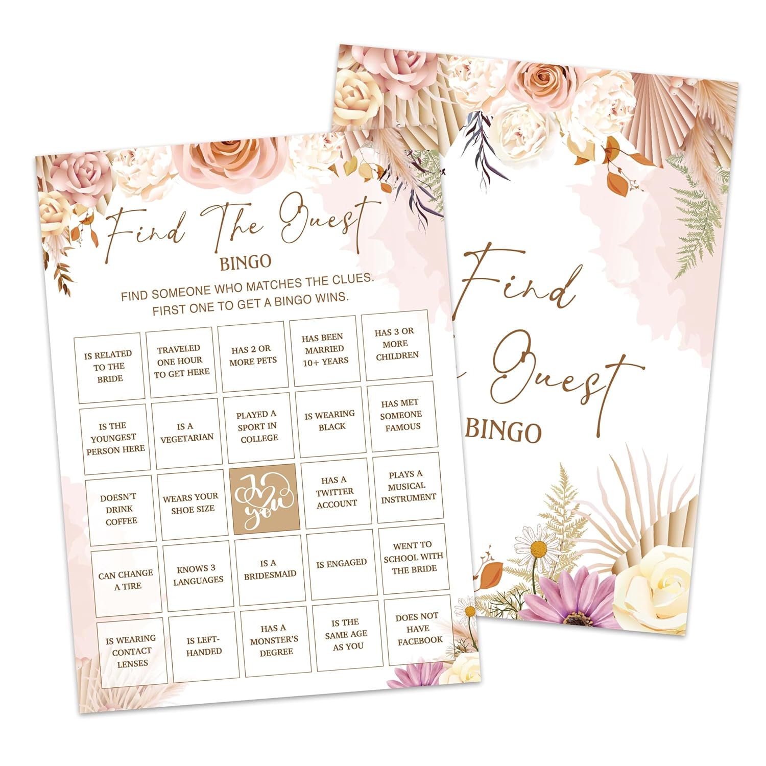 Boho Bridal Shower Game Set - Find The Guest Bingo Bohemian Wedding Shower Games Cards - 30 Pack Pampas Grass Engagement Party Decorations - Fall Floral Bachelorette Party Ideas And Activities -02