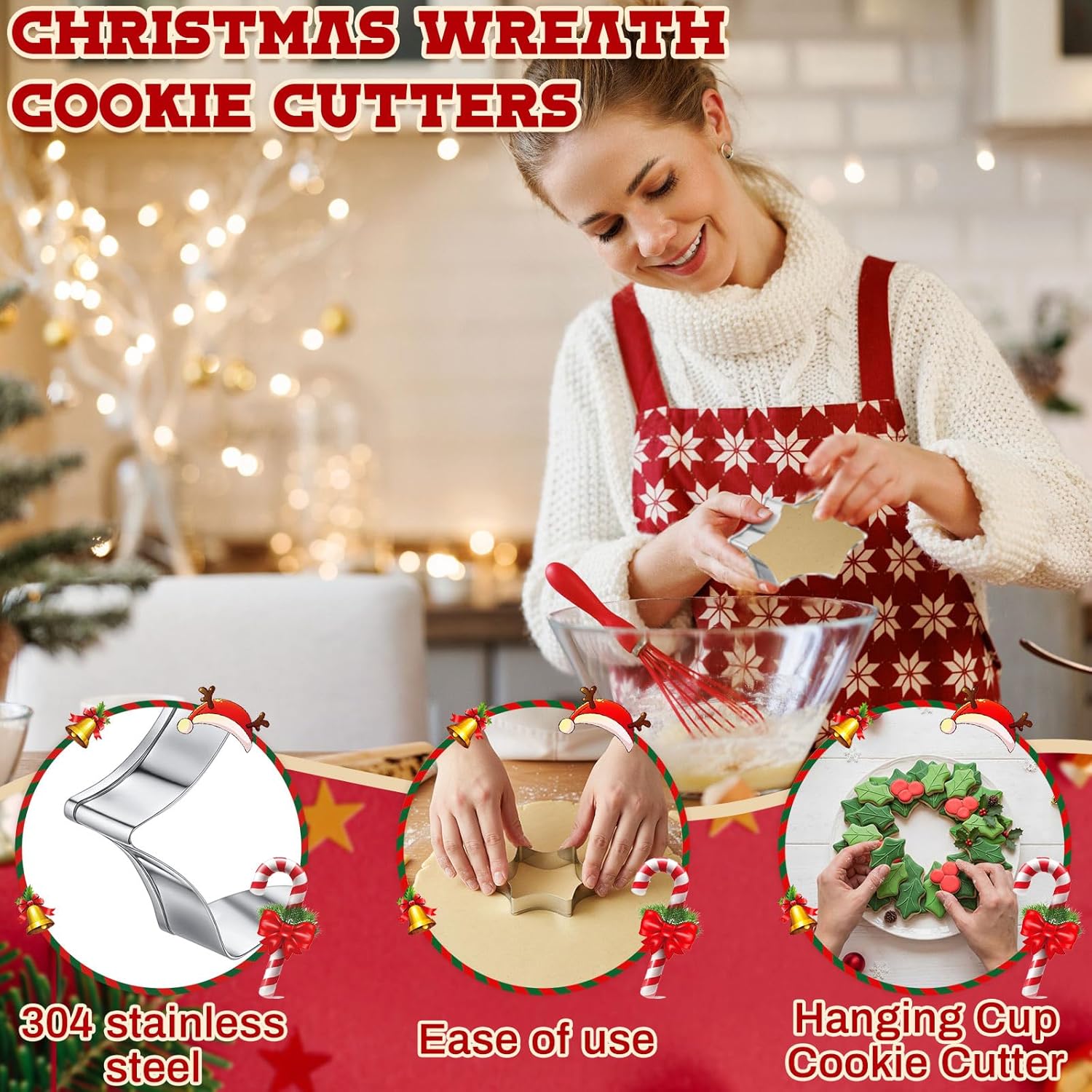 2 Set Christmas Wreath Centerpiece Cookie Cutters And Tree Cookies Cutters With Box Holly Leaf Cookie Cutter Include Holly Leaves Berry Bow Tree Plaque For Biscuit Diy Cake Xmas Baking Supply