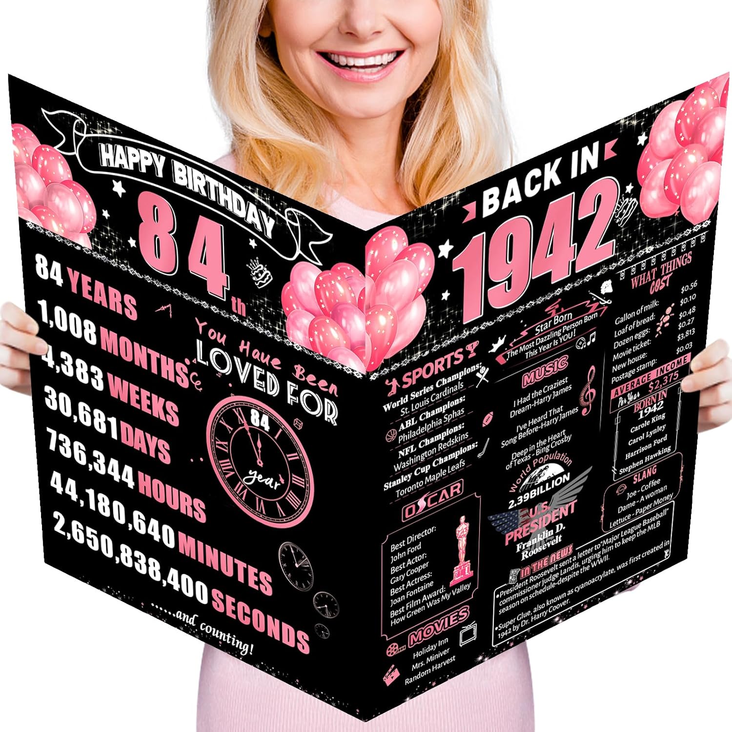 84Th Jumbo Birthday Card With Envelope, Black Pink Retro Birthday Decorations For Women And Men, 84 Year Old Funny Birthday Gifts For Grandma And Grandpa, Back In 1942