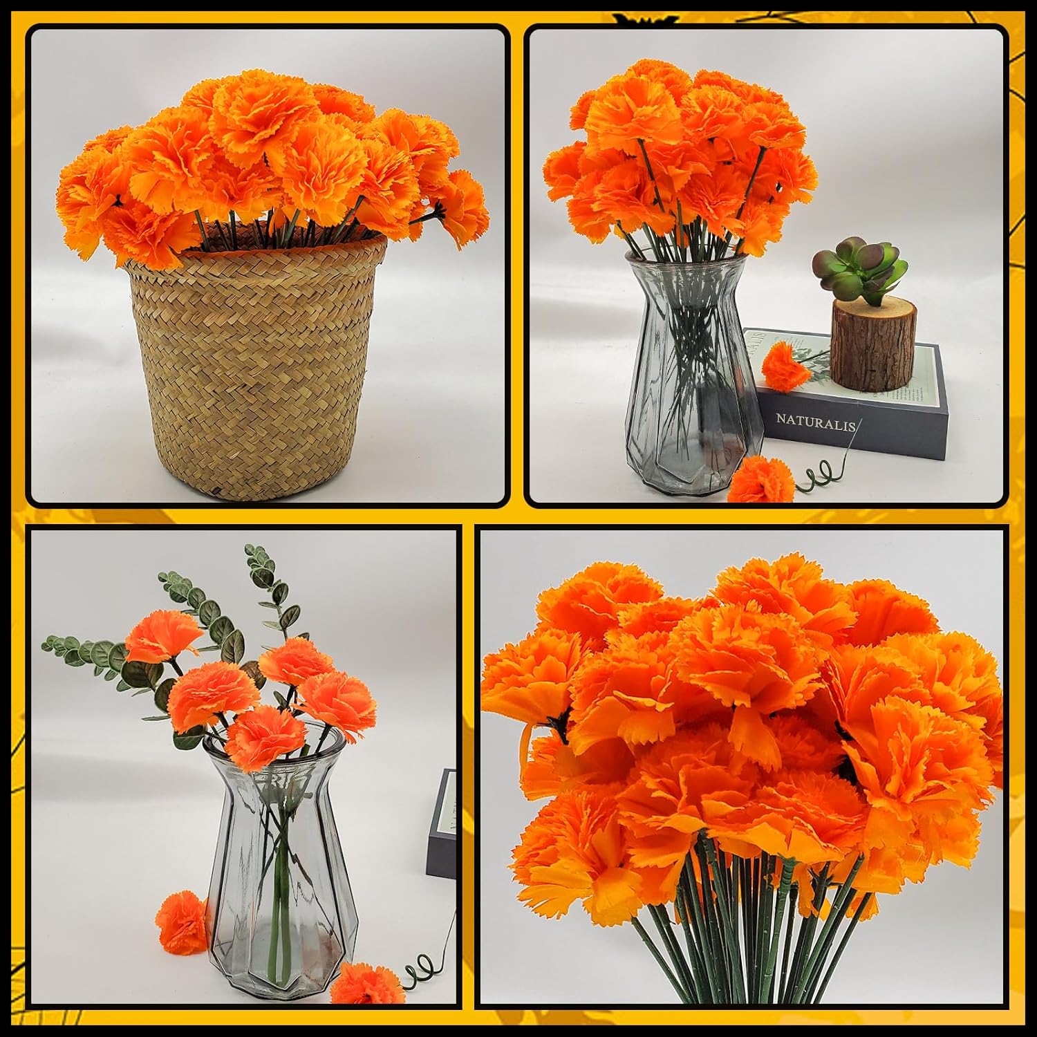 100 Pcs Marigold Flowers Heads With Floral Stems, Silk Orange Artificial Flowers For Diwali Day Of The Dead Diy Marigold Garland Wreath Decor (100)