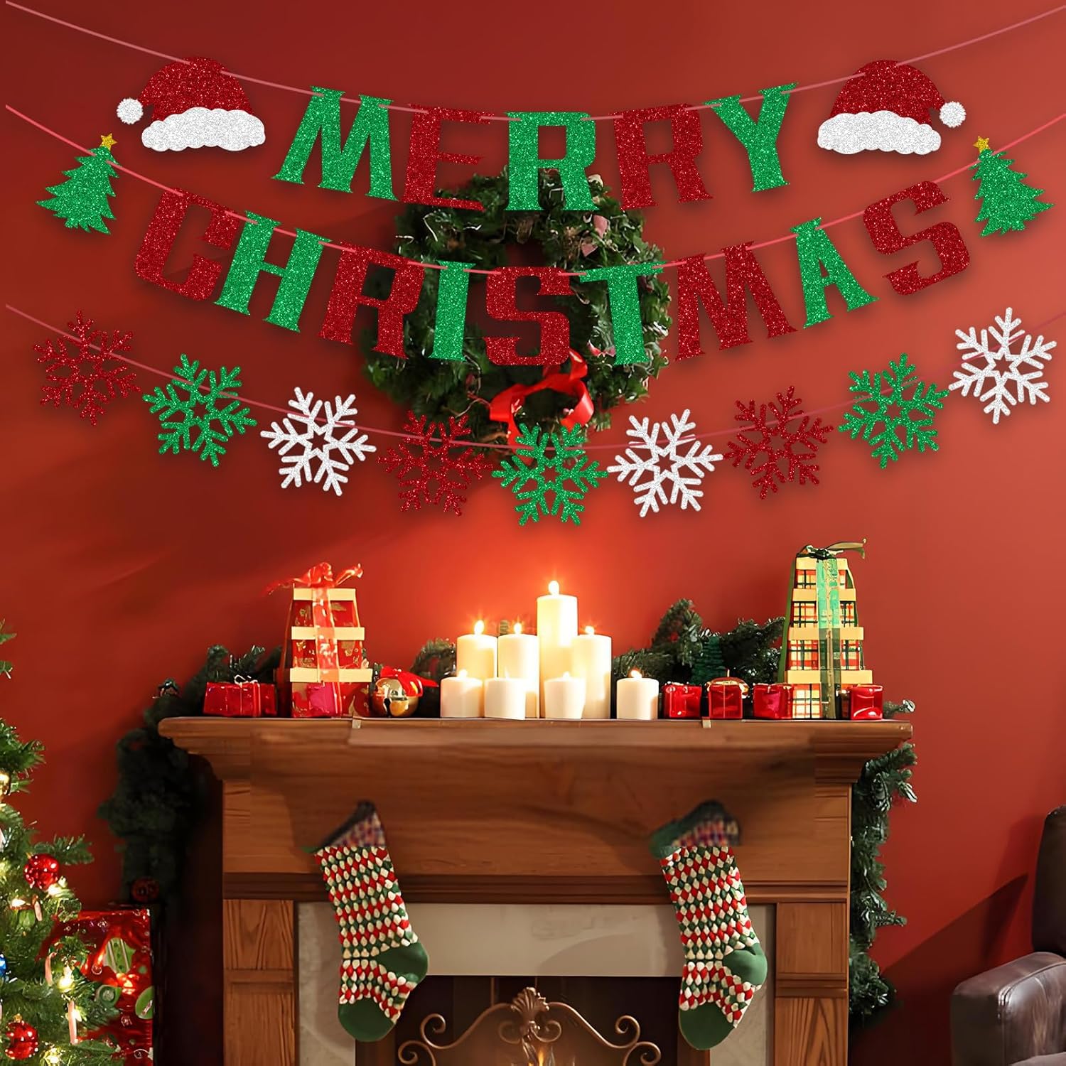 Merry Christmas Banner, Hanging Christmas Banner Decorations, Glitter Paper Xmas Banners Gifts For Inside, Home Office Merry Decorations Merry Decor For Party Fireplace Holiday Ornamentation