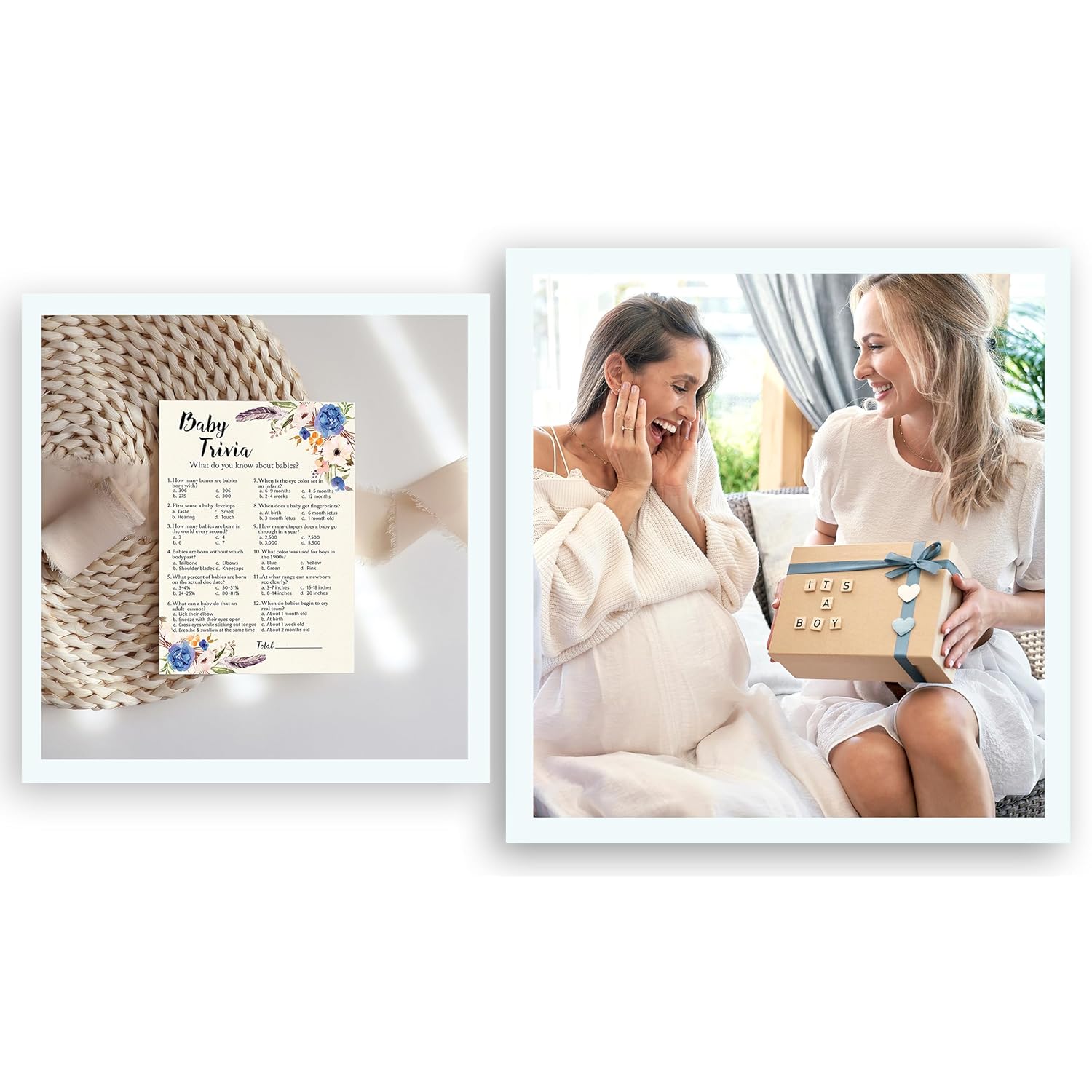 Boho Boy Baby Shower Games — Bohemian Baby Trivia Game — Pack Of 25 — Fun Facts Game, Blue Floral Garden Couples Shower Activity Gender Reveal Party G405-Trv