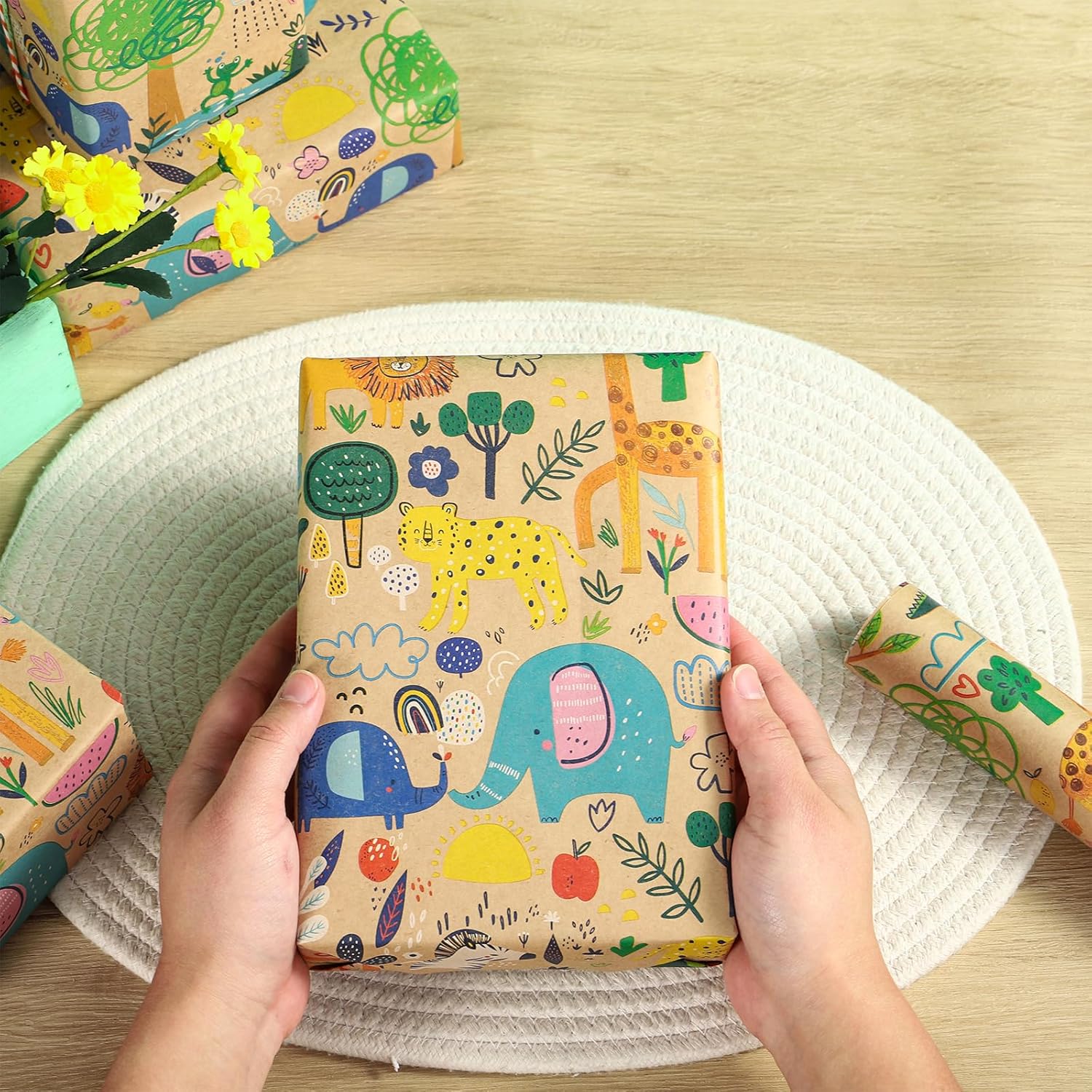 Baby Shower Wrapping Paper Roll - 17 Inches X 16.4 Feet - Colorful Cartoon Animal Design On Kraft Paper - For Boy Or Neutral Gift Wrapping, Kids' Birthday Party And Baby Shower