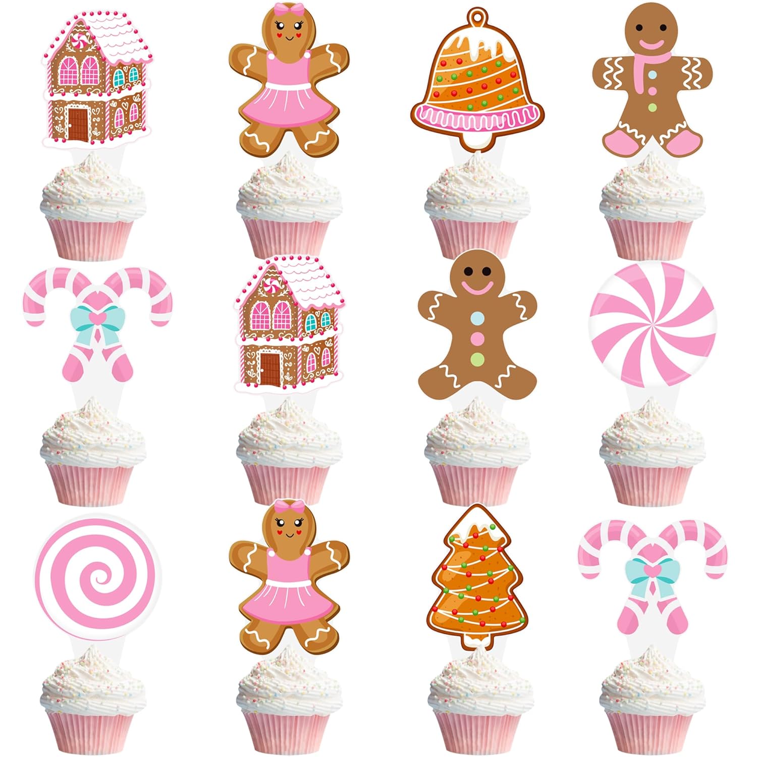 Gingerbread Christmas Cupcake Toppers Pink Gingerbread Theme Party Decorations 48Pcs Gingerbread House Candy Cane Cupcake Picks Winter Holiday Cake Decor For Merry Christmas Party Supplies