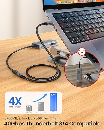 USB4 Extension Cable 40Gbps Thunderbolt 4 240W Fast Charging 3.3FT USB C Extender for MacBook iPhone 17 iPad