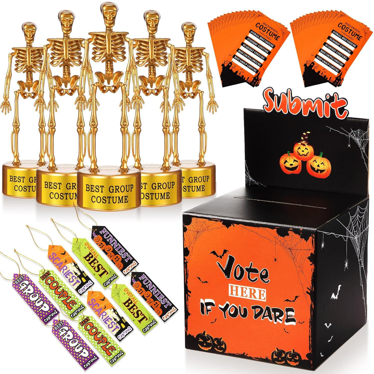 56 Pcs Halloween Party Supplies Include Halloween Contest Ballot Box, 5 Gold Trophies, 40 Voting Cards And 10 Award Prize Cards For Favor Fun Decor