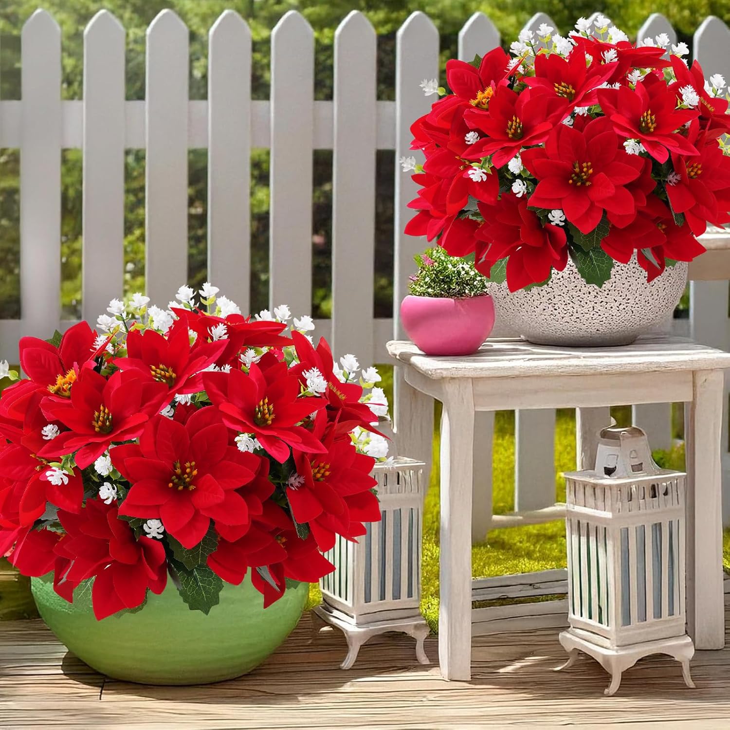 12 Bunches Poinsettias Artificial Christmas Flowers For Outdoors,14'' Fake Red Poinsettias Faux Eucalyptus Plants Uv Resistant For Home Planters Garden Porch Christmas Winter Spring Décor