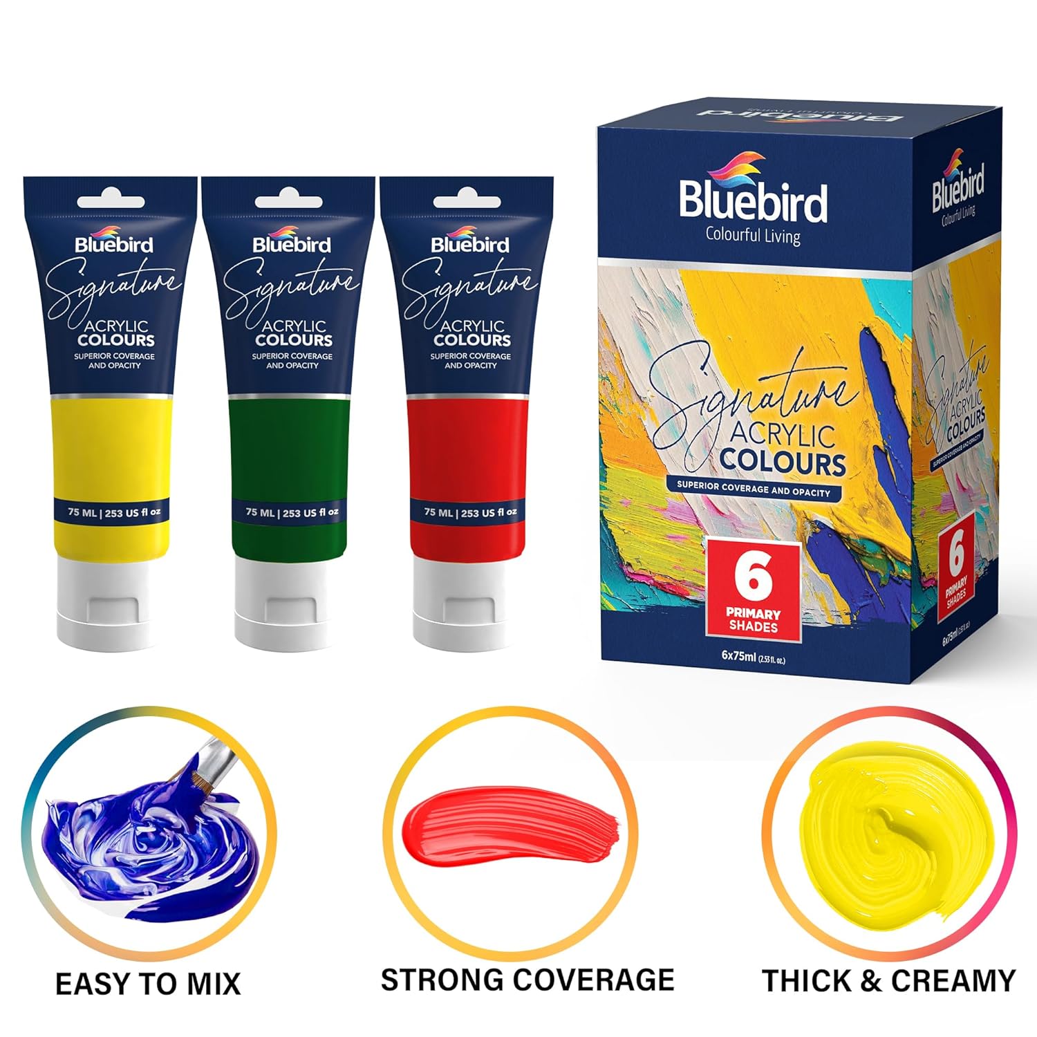 BLUEBIRD Signature Acrylic Paint Set, Primary Colors, 6-Pack 2.5 Fl Oz Each, Professional Acrylic Paints For Professionals, Adults, & Artists
