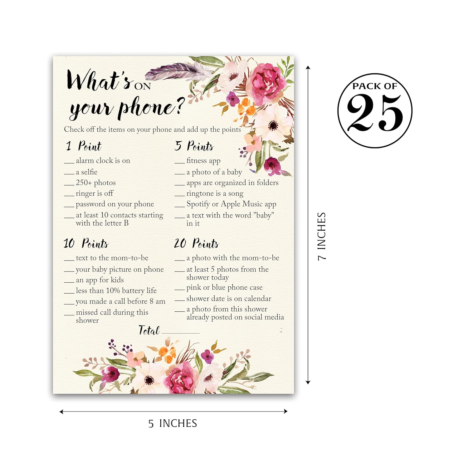 Boho Baby Shower Game What'S On Your Phone Game — Pack Of 25 — Girl Bohemian Pink Floral Baby Shower Activity, Co-Ed Couples Shower, Flowers Feather Phone Games G400-Phn