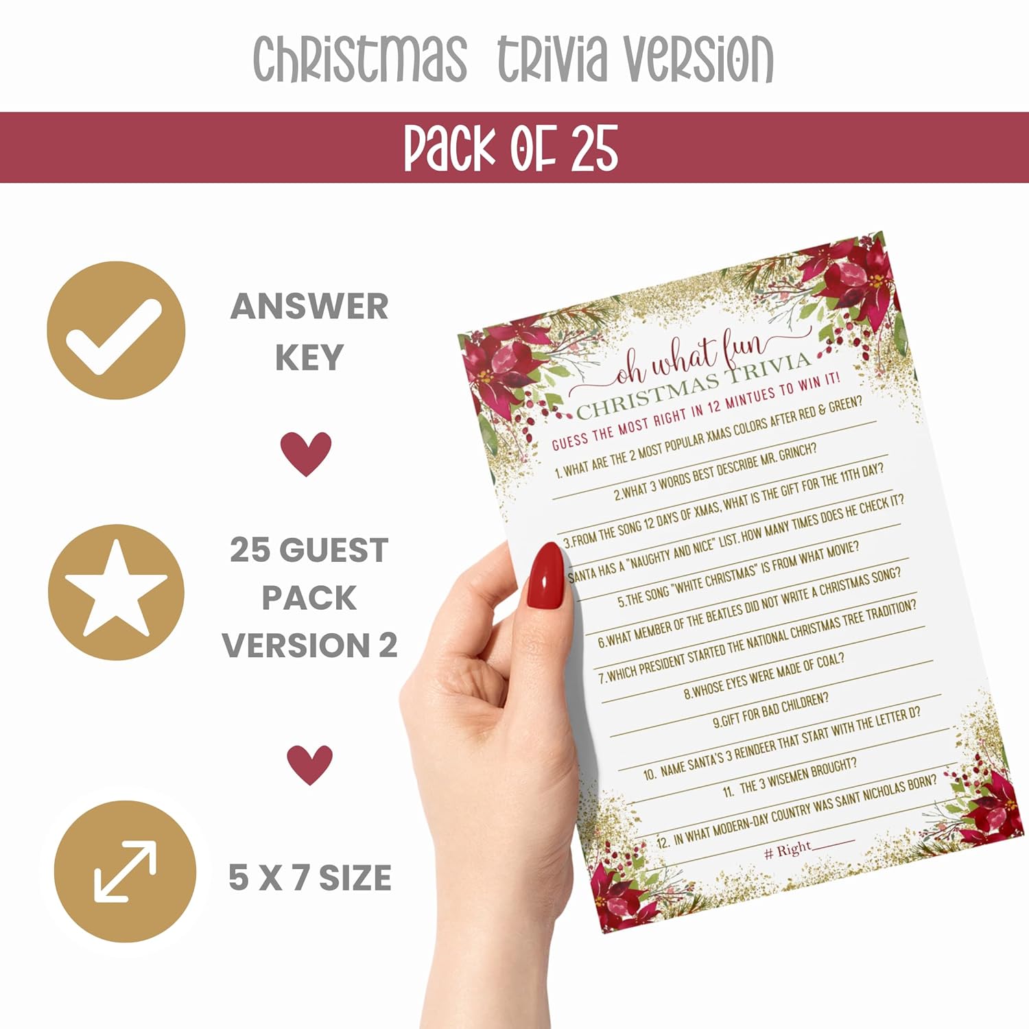 Rustic Floral Christmas Trivia Game Fun Party Activity With Holiday Movie And Song Questions For Adults, Office, Group, Thanksgiving, 25 Pack, 5X7 Cards, Version 2