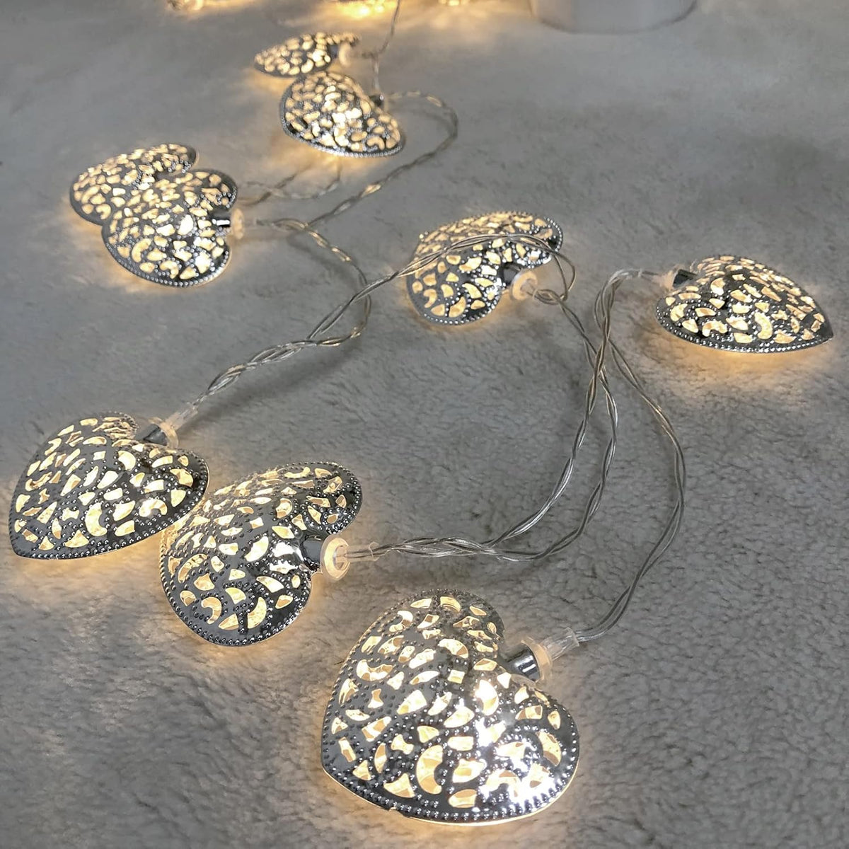 Hollow Heart Shape String Lights - Metal Geometric Led Fairy Lights Battery Powered For Indoor Decoration - Holiday, Chr
