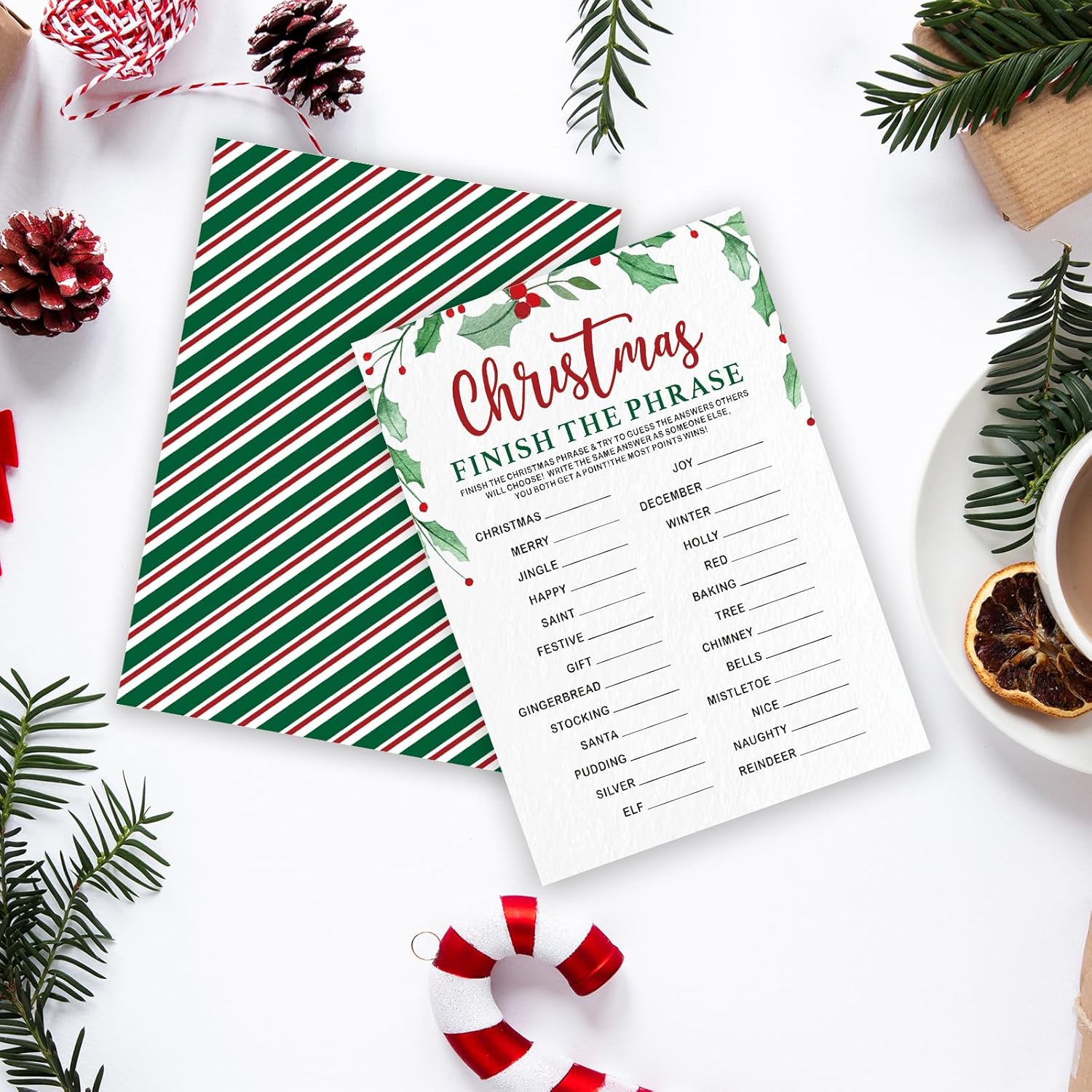 30 Pack Finish The Phrase Christmas Party Game Cards - Green Leaf Minimalist Design Fun Xmas Games Activity For Office Groups,Xmas Events Christmas Party Decorations (5" X 7") - A04