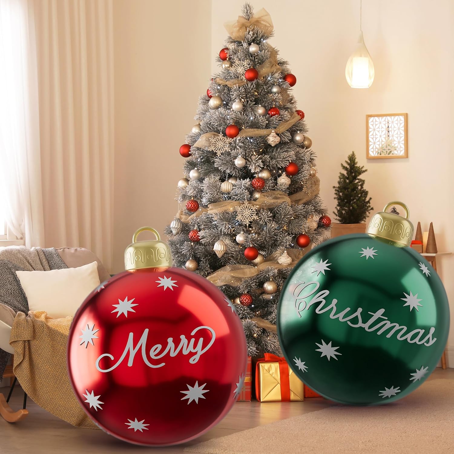 2Pcs 24 Inch Inflatable Christmas Ball Giant Pvc Xmas Inflatable Decorated Balls, Outdoor Inflatables Ornaments Christma