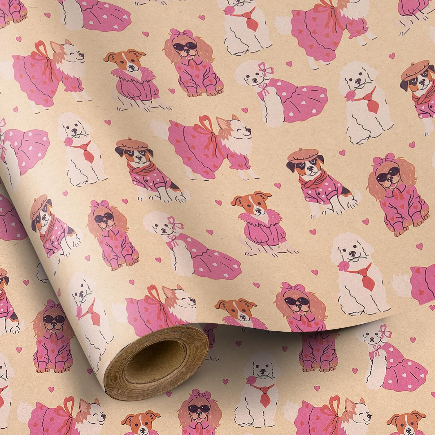 Dog Wrapping Paper Roll, Mini Roll, Playful Dog With Pink Bow Kraft Paper, Funny Cartoon Annimal Gift Wrap For Girls, Kids, Pet Lovers, Birthdays And More, 17 Inches X 16.4 Feet