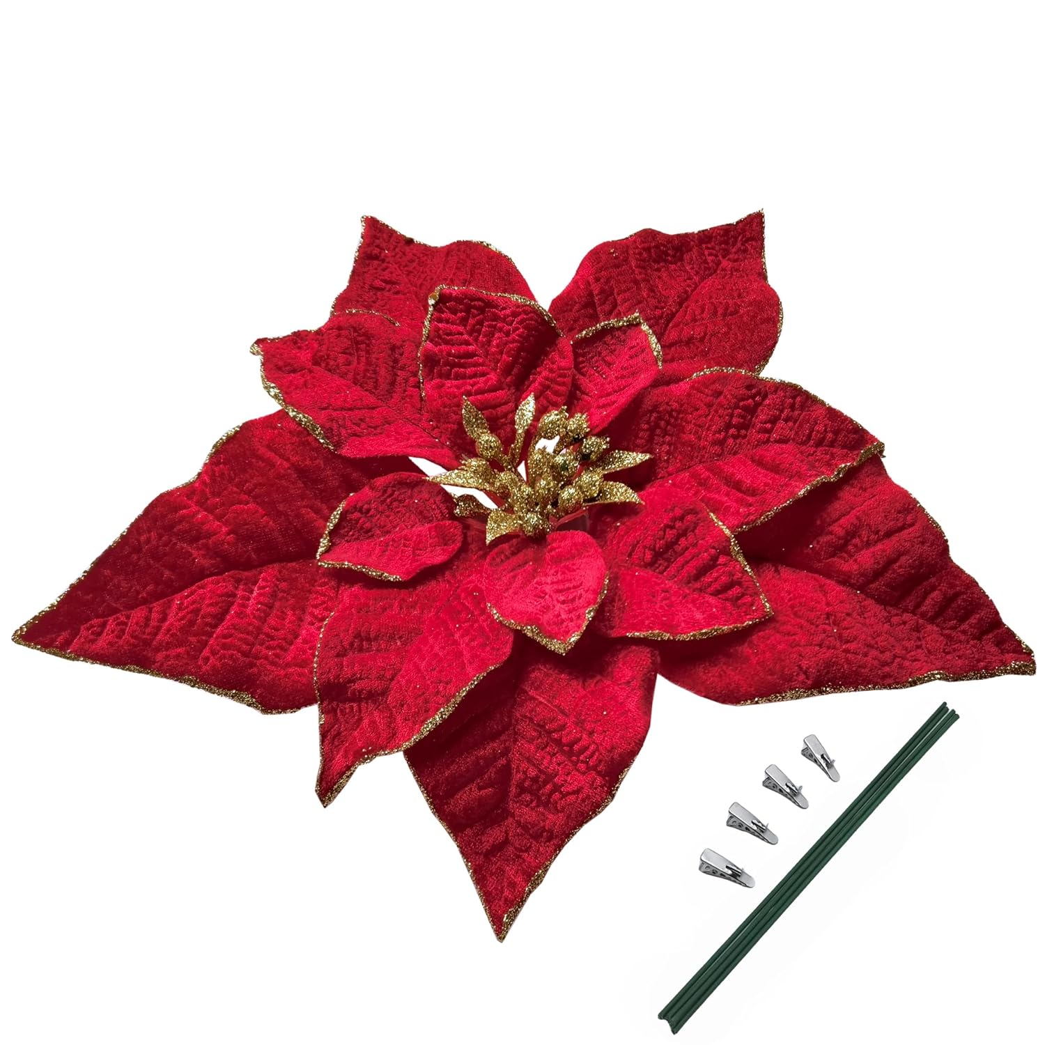 Artificial Christmas Flowers Red Velvet Poinsettia Floral Picks For Christmas Wreath Tree Ornaments(4Pcs Extra Large Burgundy)