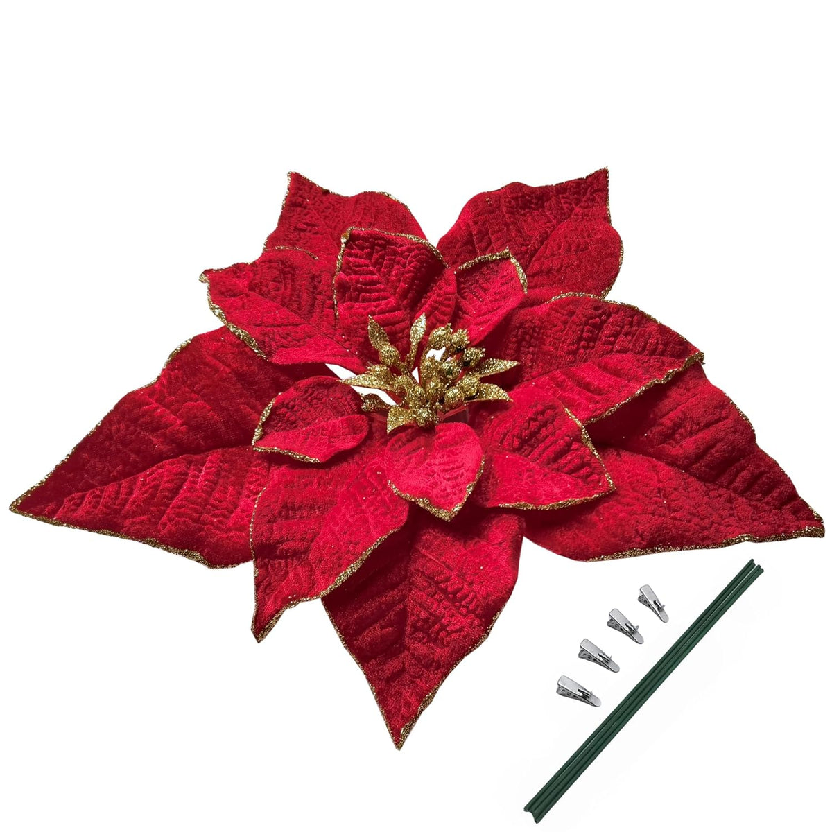 Artificial Christmas Flowers Red Velvet Poinsettia Floral Picks For Christmas Wreath Tree Ornaments(4Pcs Extra Large Burgundy)