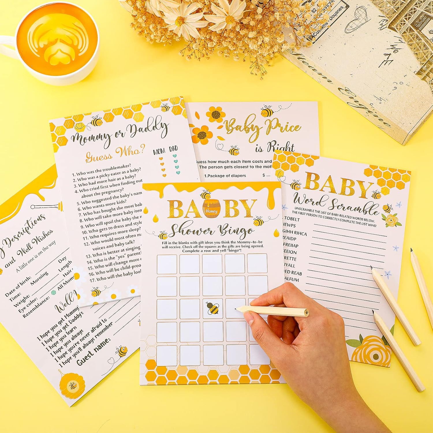 145 Pcs Bee Baby Shower Games Gender Neutral Set Includes 125 Pcs 5 Kinds Party Games 20 Pencils For Honeycomb Bee Baby Shower Decorations Favors Gender Reveal Party Supplies
