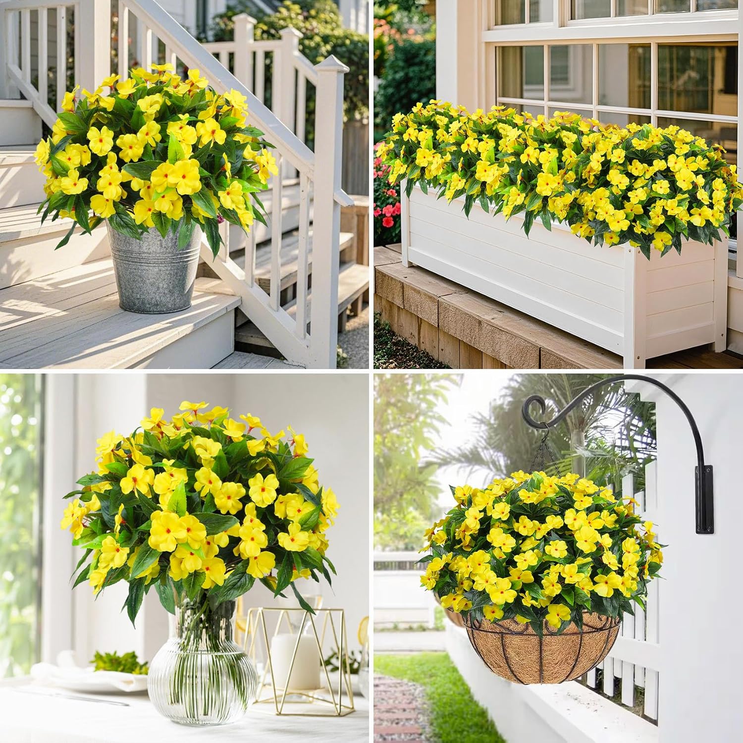 6 Bundles Artificial Impatiens Flowers For Outdoors Decoration, Silk Flowers Bouquet Fake Plants Uv Resistant For Spring Summer Garden Porch Window Box Balcony Home Decor, Yellow
