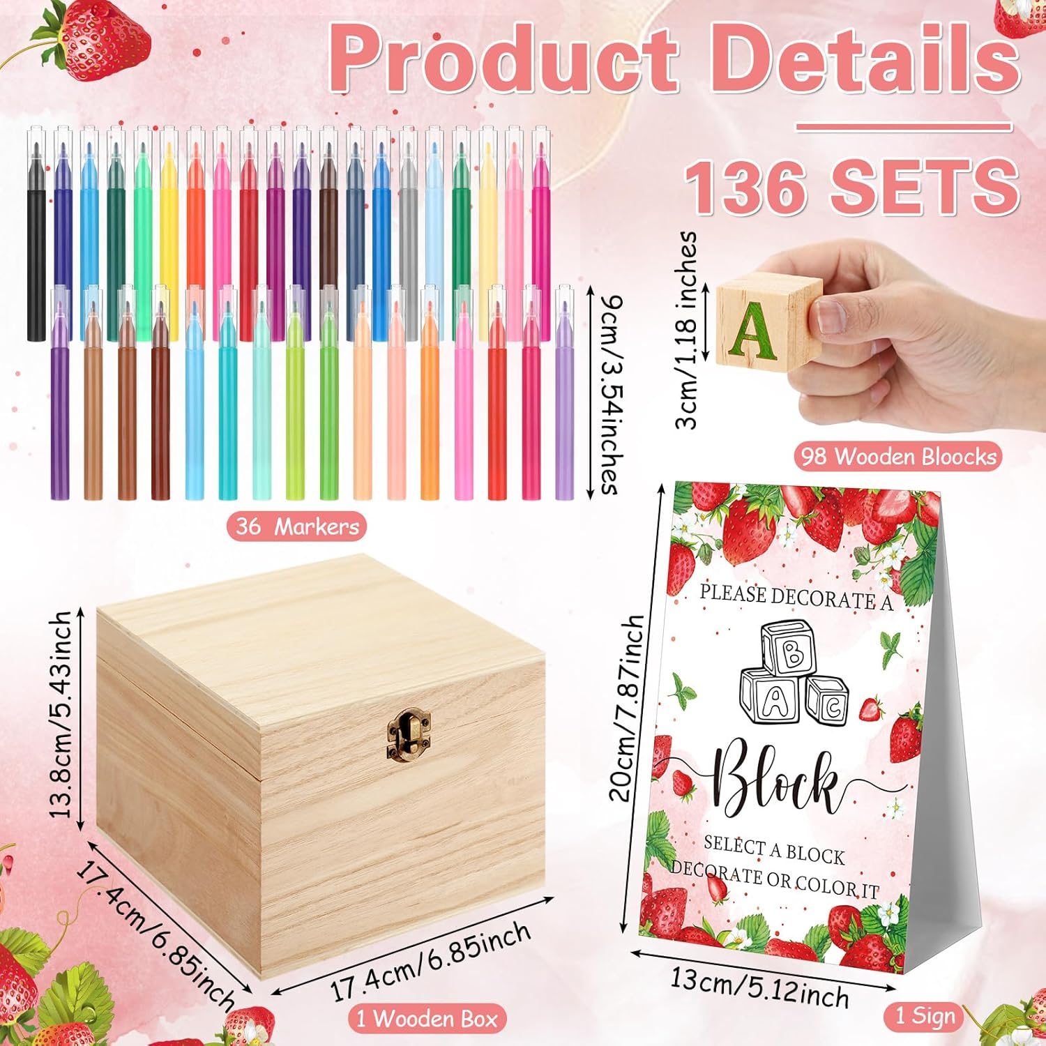 136 Pcs Baby Shower Blocks To Decorate Game Kit Includes 98 Wooden Blocks, 36 Markers, 1 Game Sign, 1 Storage Box For Baby Shower Gender Reveal Activity Party Decorations(Strawberry)