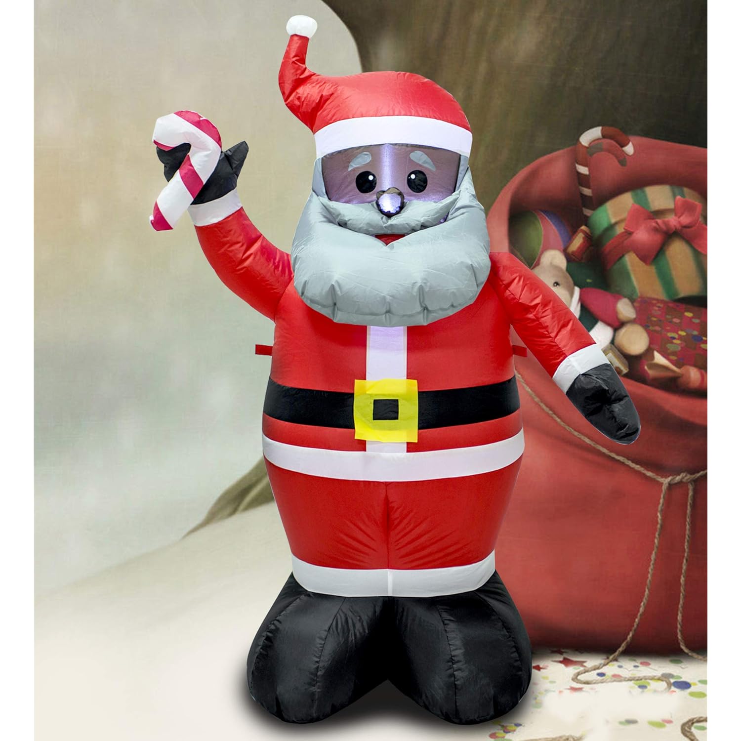 4Ft Dark Brown-Faced Inflatable Santa Built-In Led Light With Buckle Suitable For Christmas Indoor And Outdoor Lawn Deco