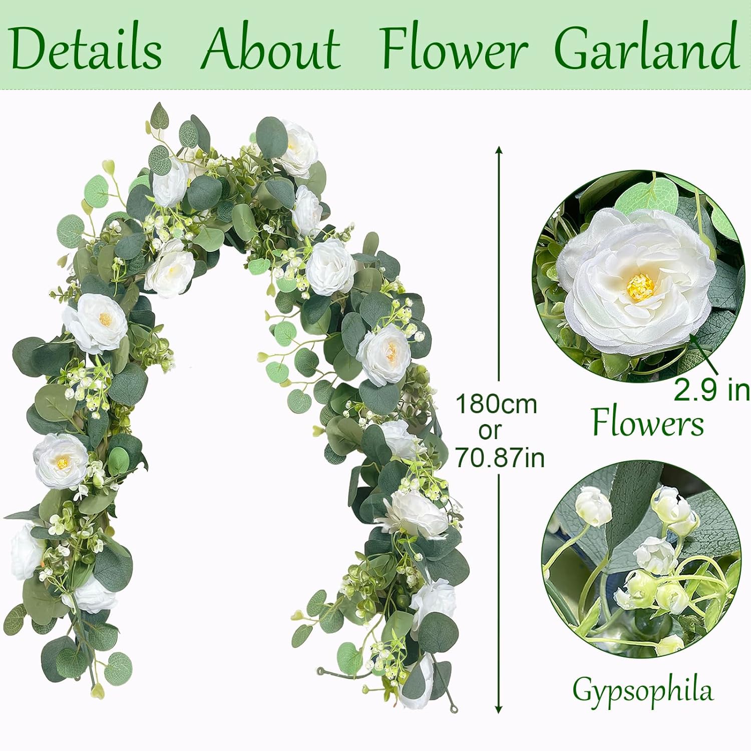 2 Pack 6Ft Artificial Eucalyptus Flower Garland With White Roses, Faux Floral Greenery Garland Fake Flower Vines For Wedding Party Centerpiece Table Runner Arch Party Decor (2Pcs,White