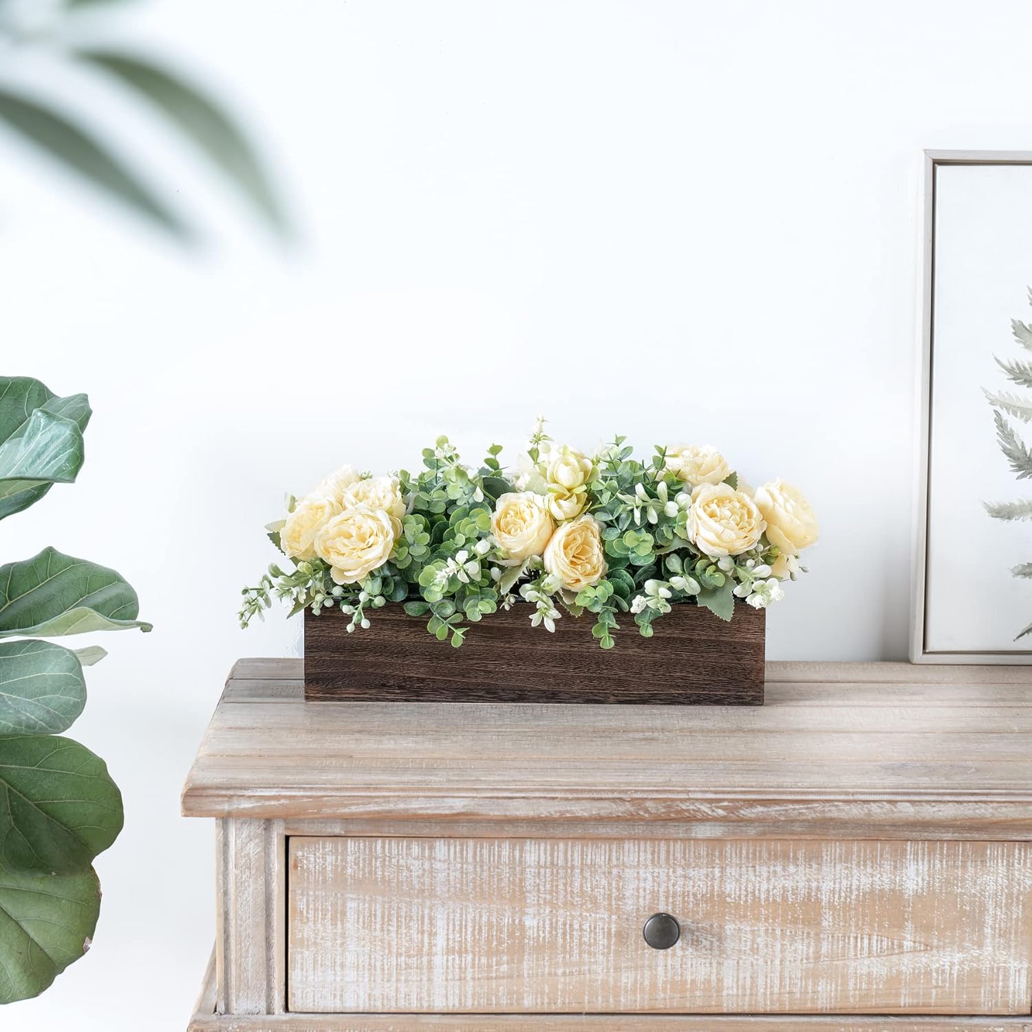 Centerpiece Table Decorations For Dining Room Farmhouse Table Centerpieces Decor Wood Tray With 3 Artificial Flowers And 2 Eucalyptus For Living Room Kitchen Table, 14.1" X 4.7" X 3.1"