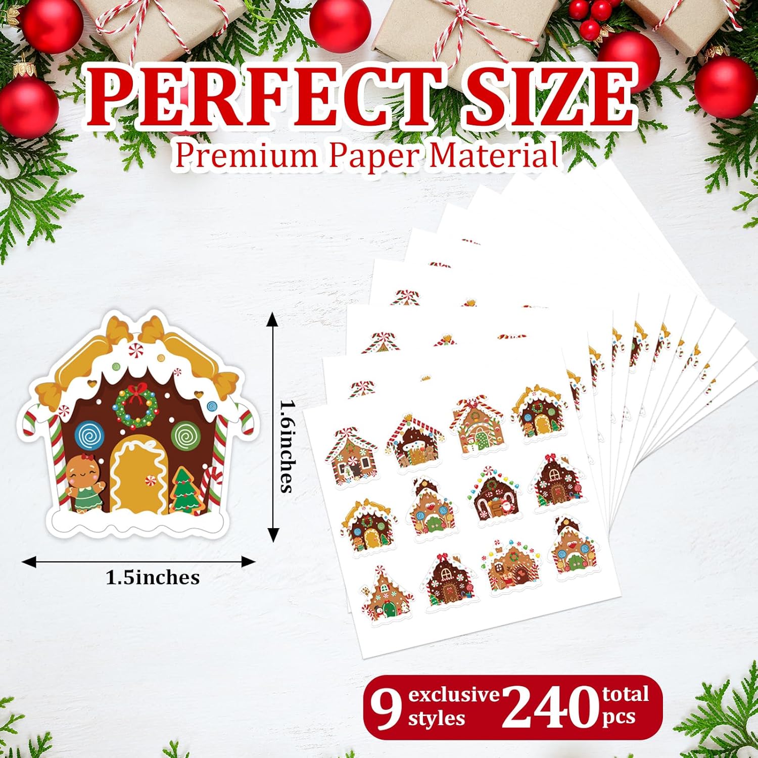 Small Christmas Stickers Gingerbread Candy House Decals, 240 Self-Adhesive Christmas Envelope Labels Stickers, Funny Cartoon Xmas Seal Stickers For Gift Greeting Card Party Supplies Kids Holiday Decor